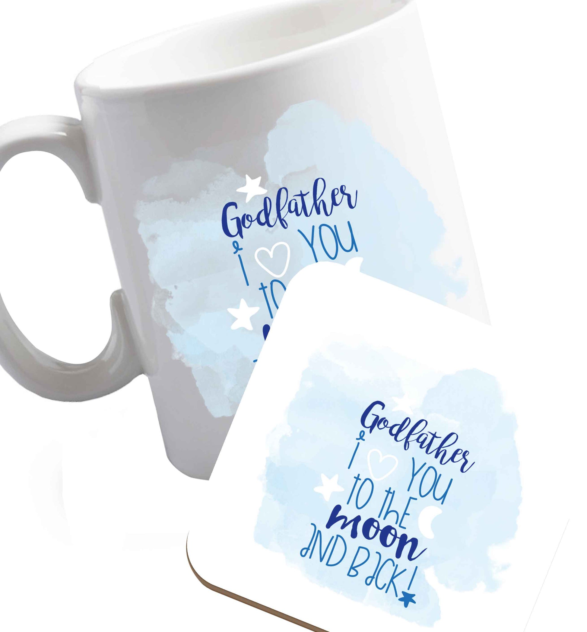10 oz Godfather I love you to the moon and back  ceramic mug and coaster set right handed