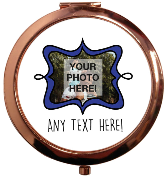 Any Photo or Text Navy Frame rose gold circle pocket mirror
