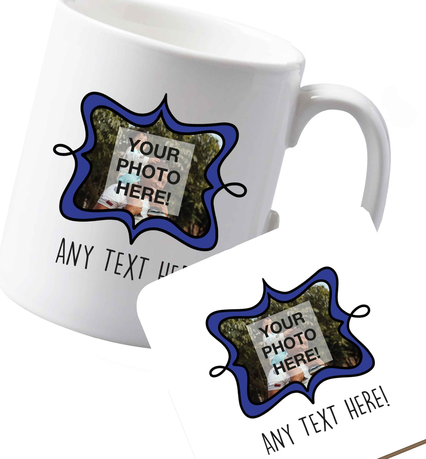 10 oz Ceramic mug and coaster Any Photo or Text Navy Frame  both sides