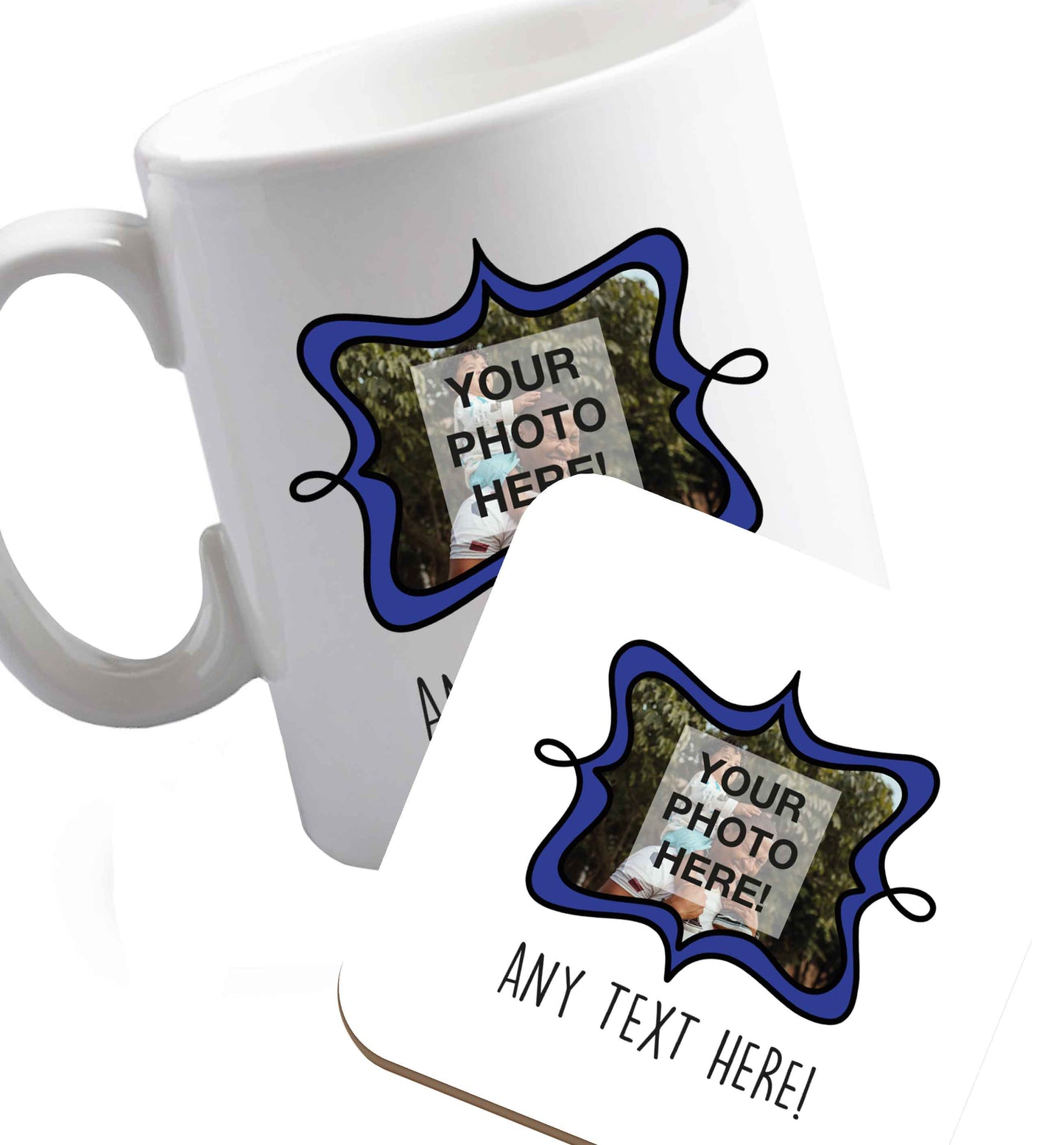 10 oz Any Photo or Text Navy Frame  ceramic mug and coaster set right handed