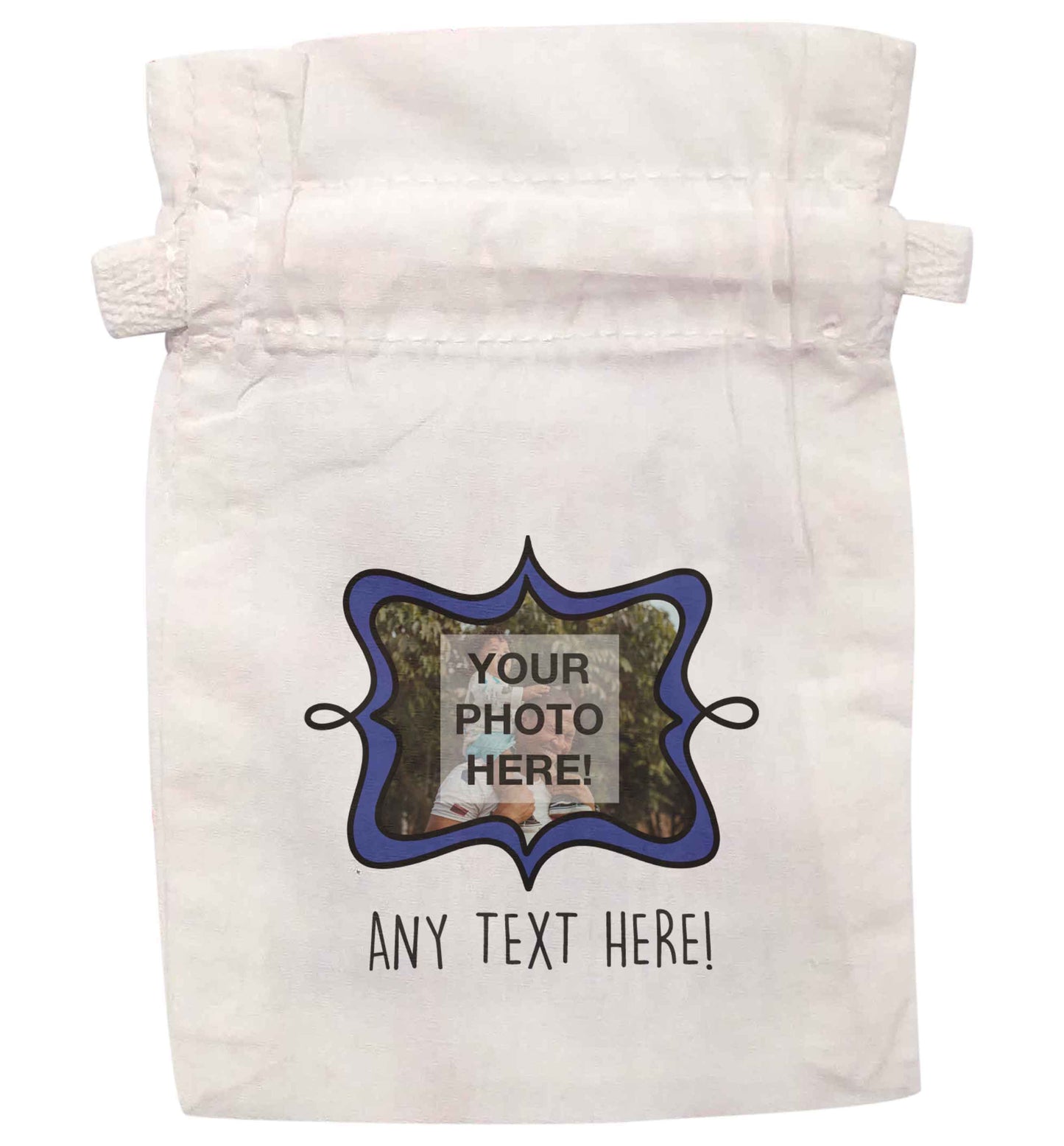Any Photo or Text Navy Frame  | XS - L | Pouch / Drawstring bag / Sack | Organic Cotton | Bulk discounts available!
