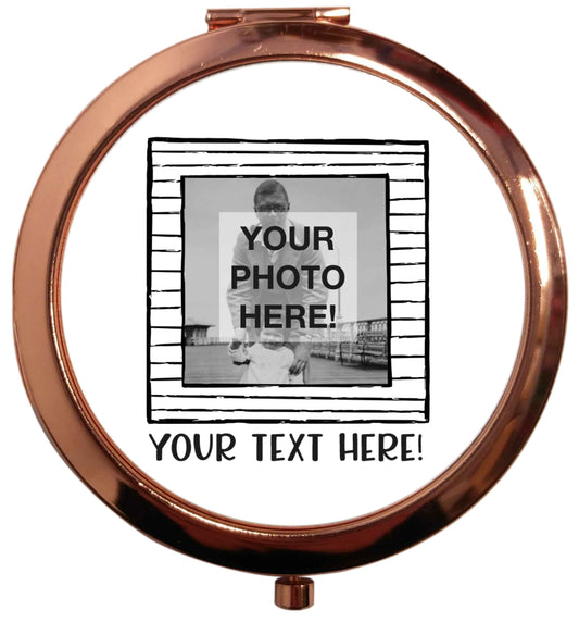 Any Photo or Text Black Frame rose gold circle pocket mirror
