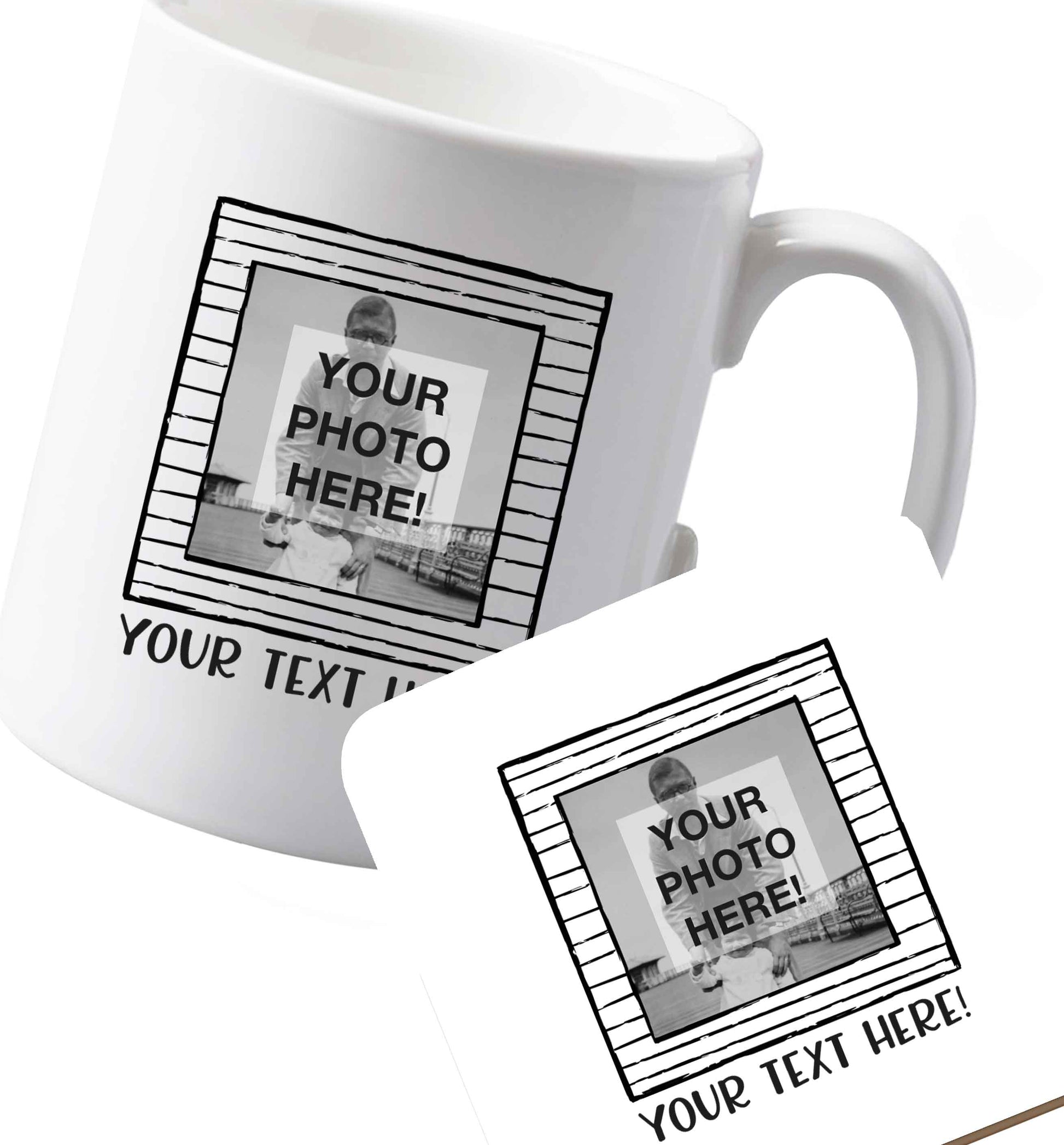 10 oz Ceramic mug and coaster Any Photo or Text Black Frame  both sides