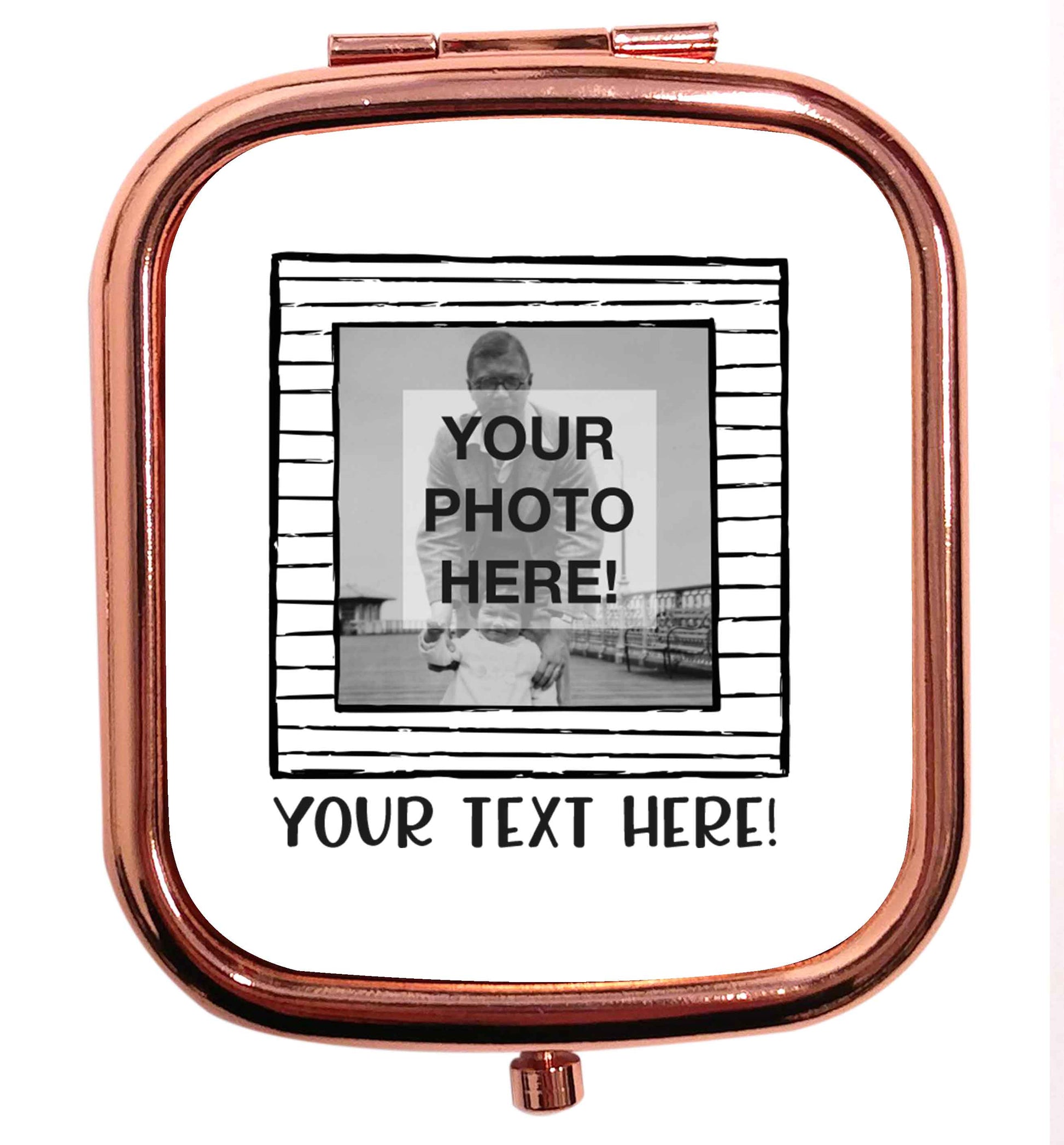 Any Photo or Text Black Frame rose gold square pocket mirror