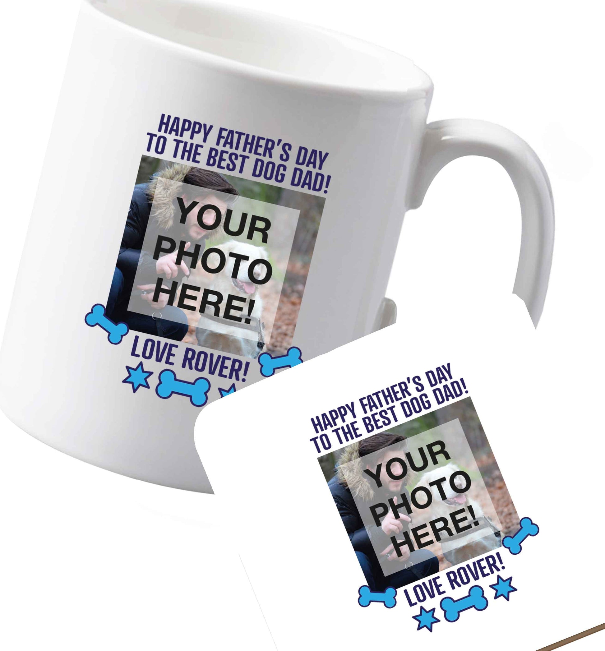 10 oz Ceramic mug and coaster Happy Father's day to the best dog dad - personalised photo and name both sides
