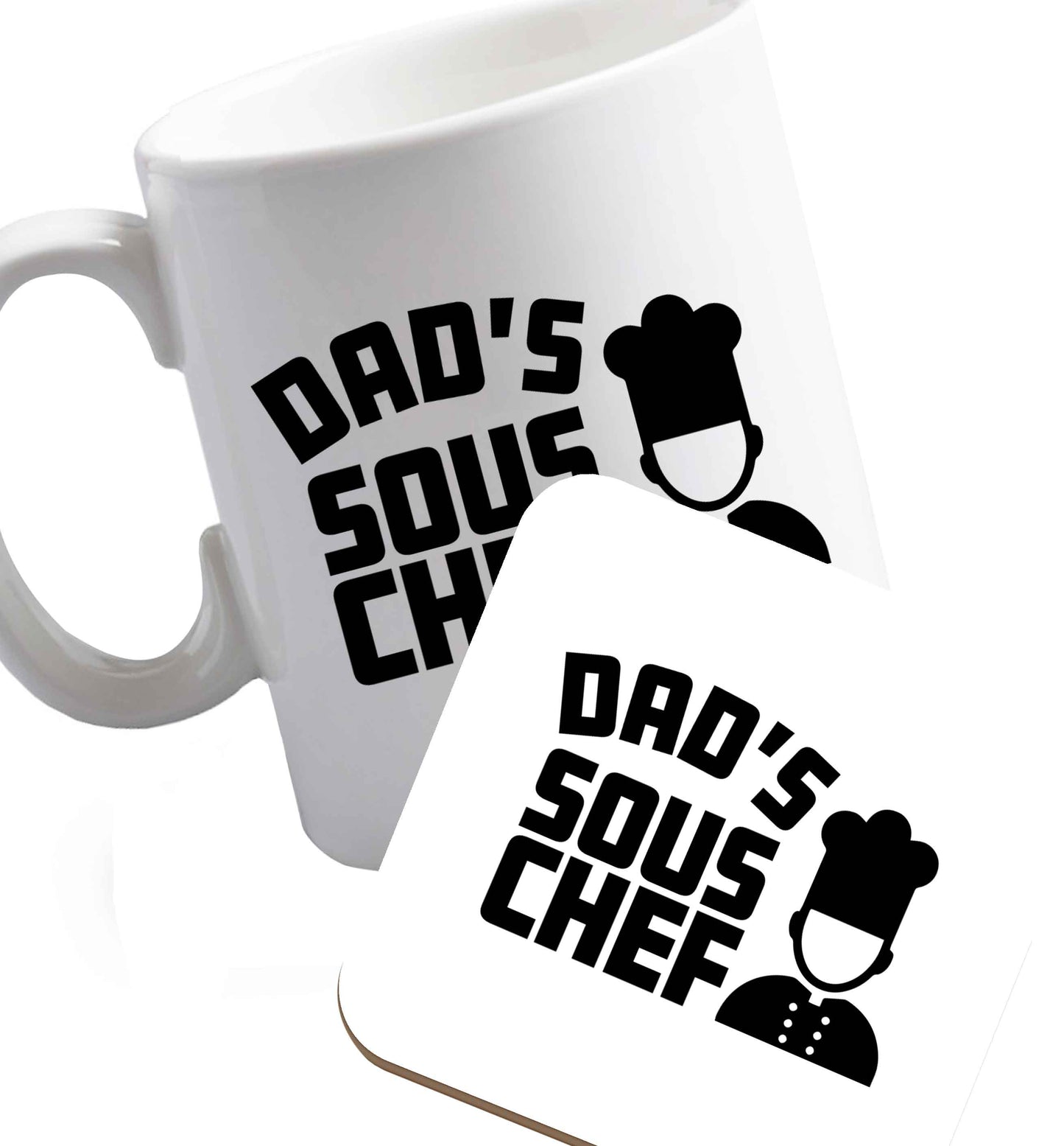 10 oz Dad's sous chef ceramic mug and coaster set right handed