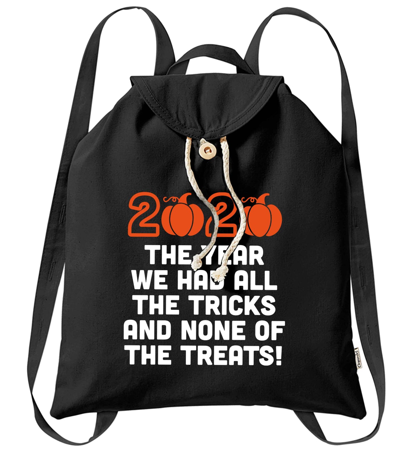 2020 The year we had all of the tricks and none of the treats organic cotton backpack tote with wooden buttons in black