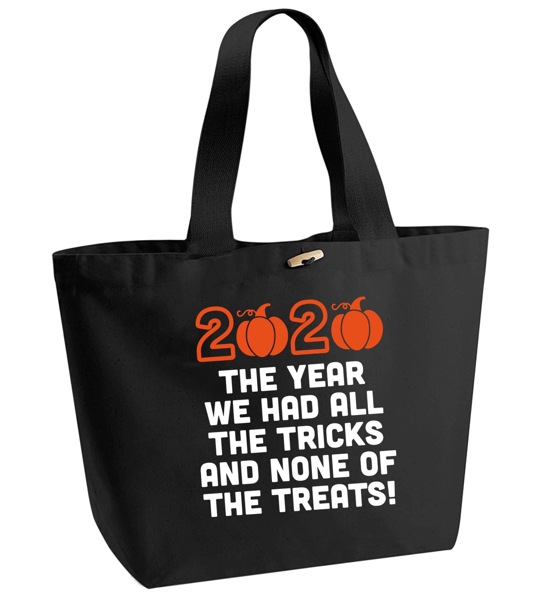 2020 The year we had all of the tricks and none of the treats organic cotton premium tote bag with wooden toggle in black