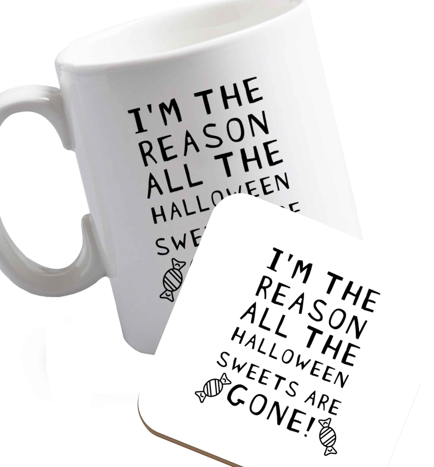 10 oz I'm the reason all of the halloween sweets are gone ceramic mug and coaster set right handed