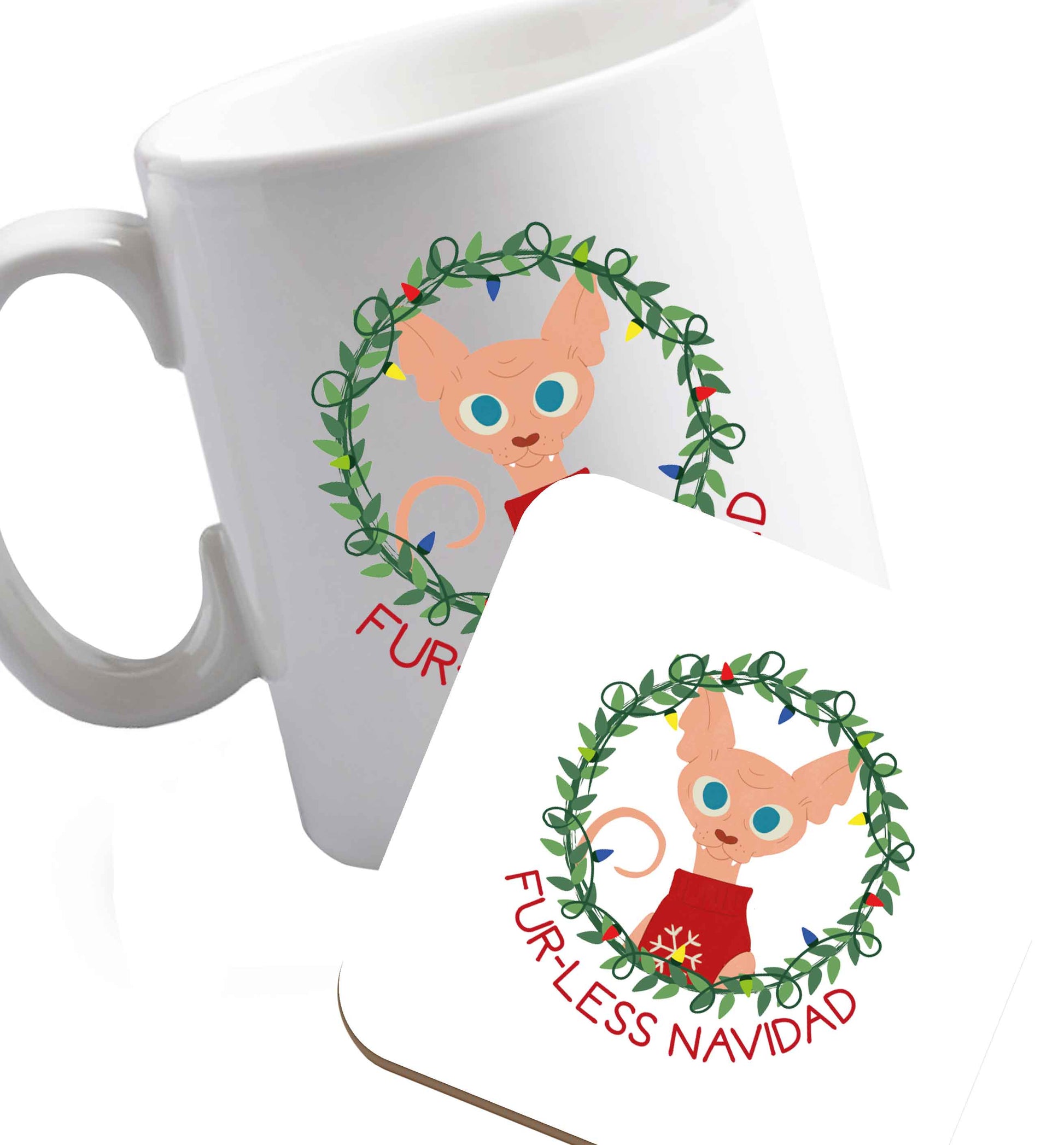 10 oz Furr-less navidad  ceramic mug and coaster set right handed
