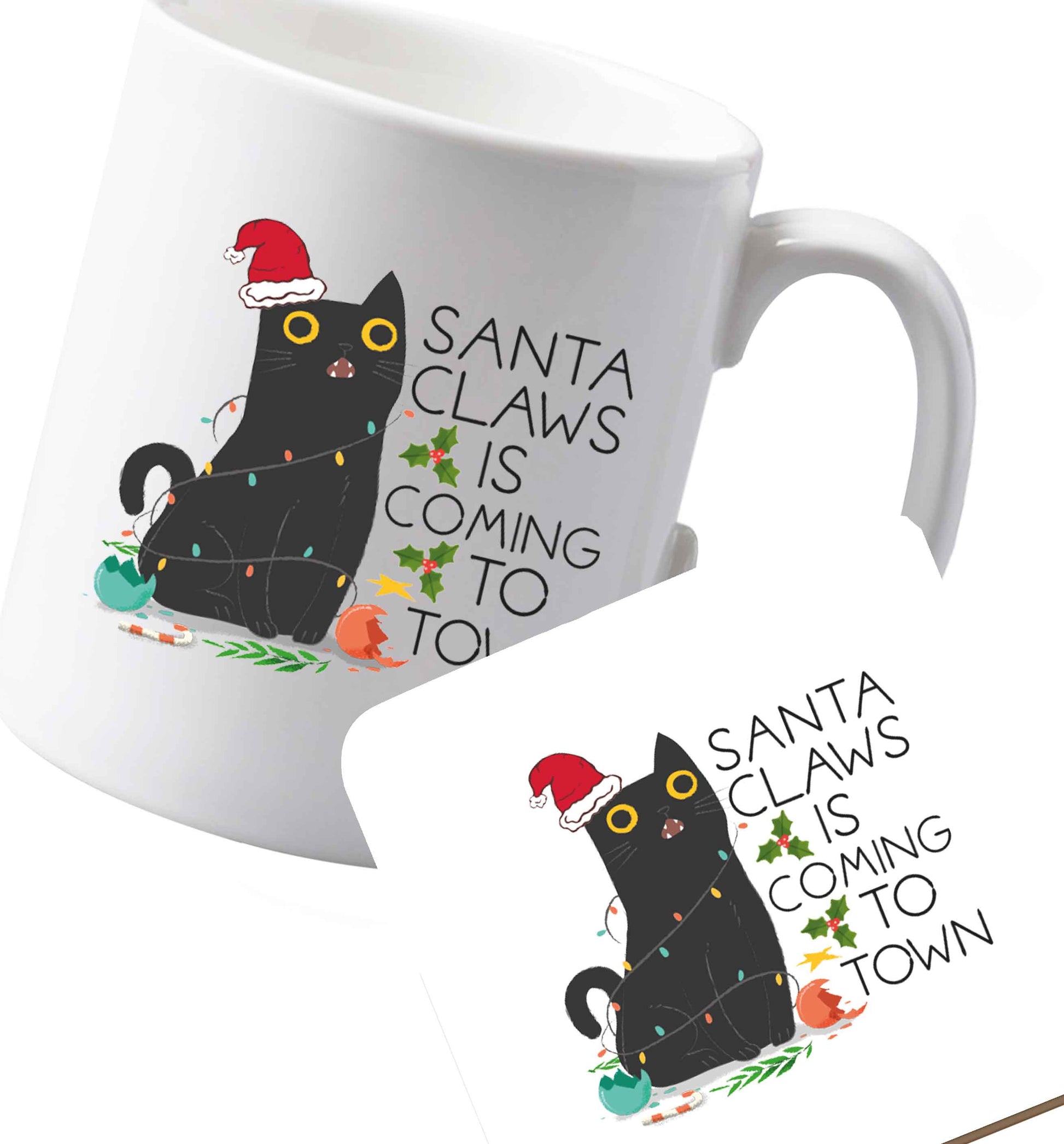 10 oz Ceramic mug and coaster Santa claws is coming to town  both sides