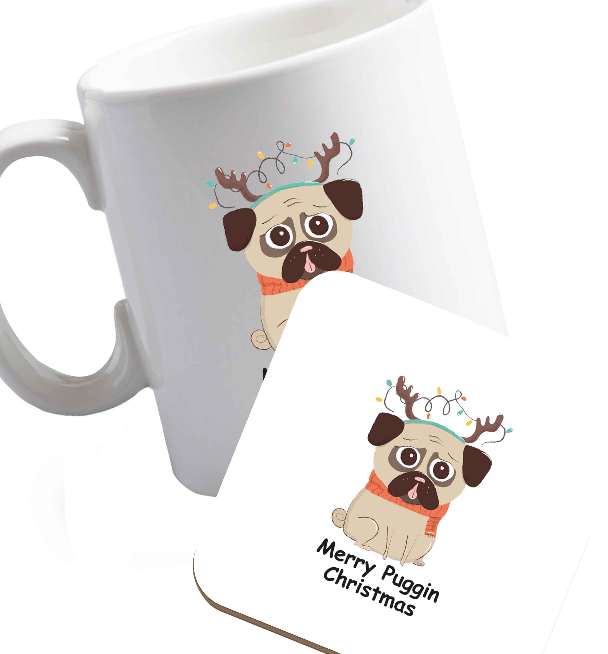 10 oz Merry puggin' Chirstmas ceramic mug and coaster set right handed