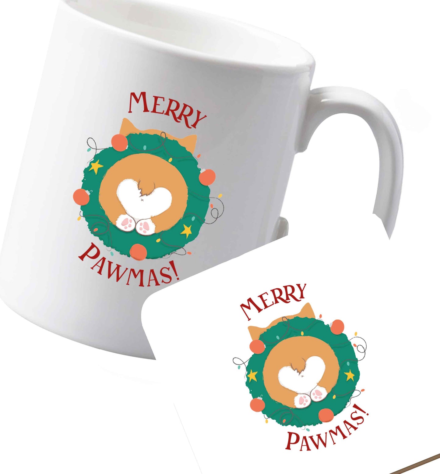 10 oz Ceramic mug and coaster Merry Pawmas both sides
