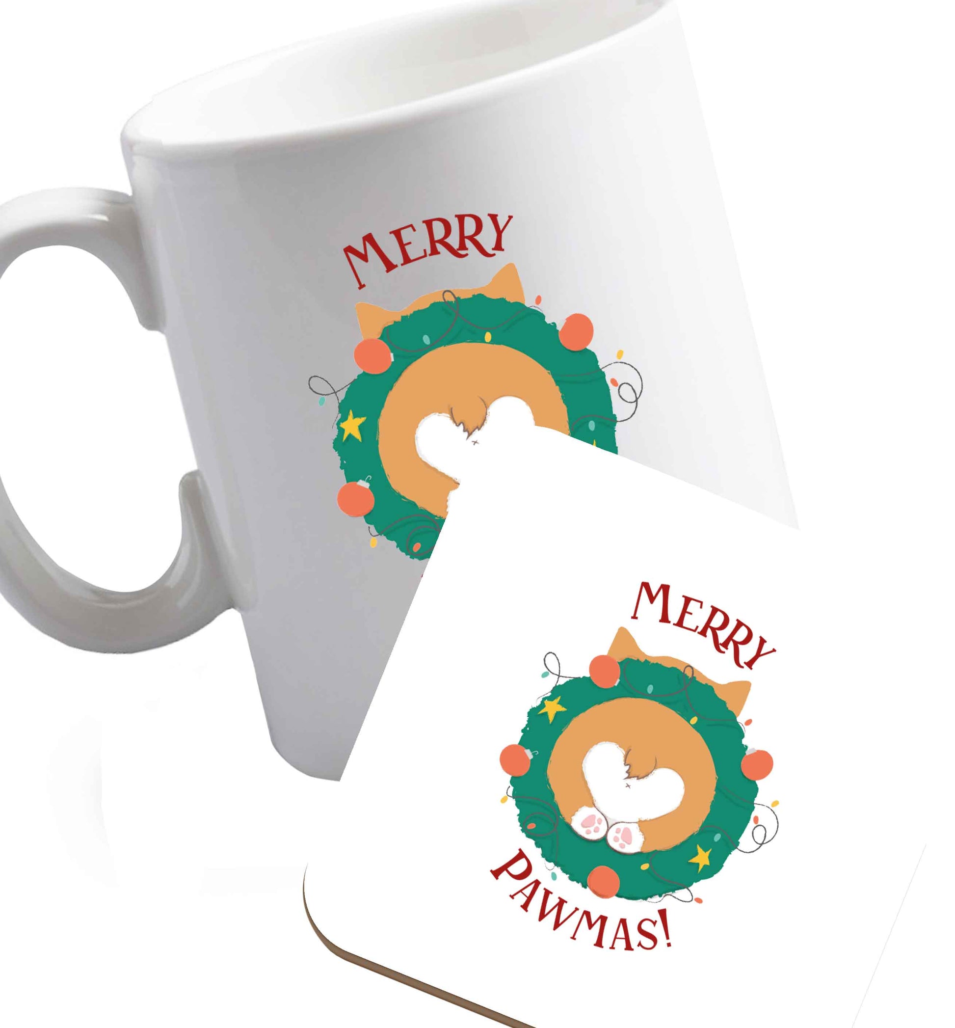 10 oz Merry Pawmas ceramic mug and coaster set right handed