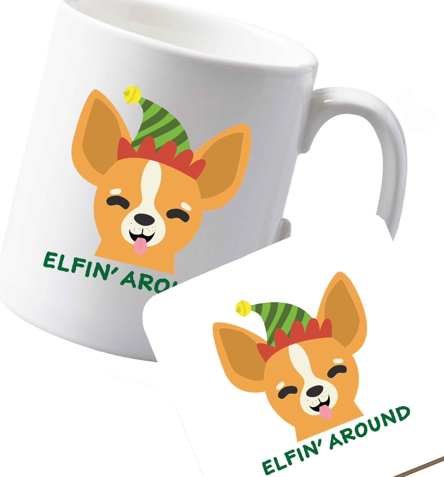 10 oz Ceramic mug and coaster Elfin' around both sides