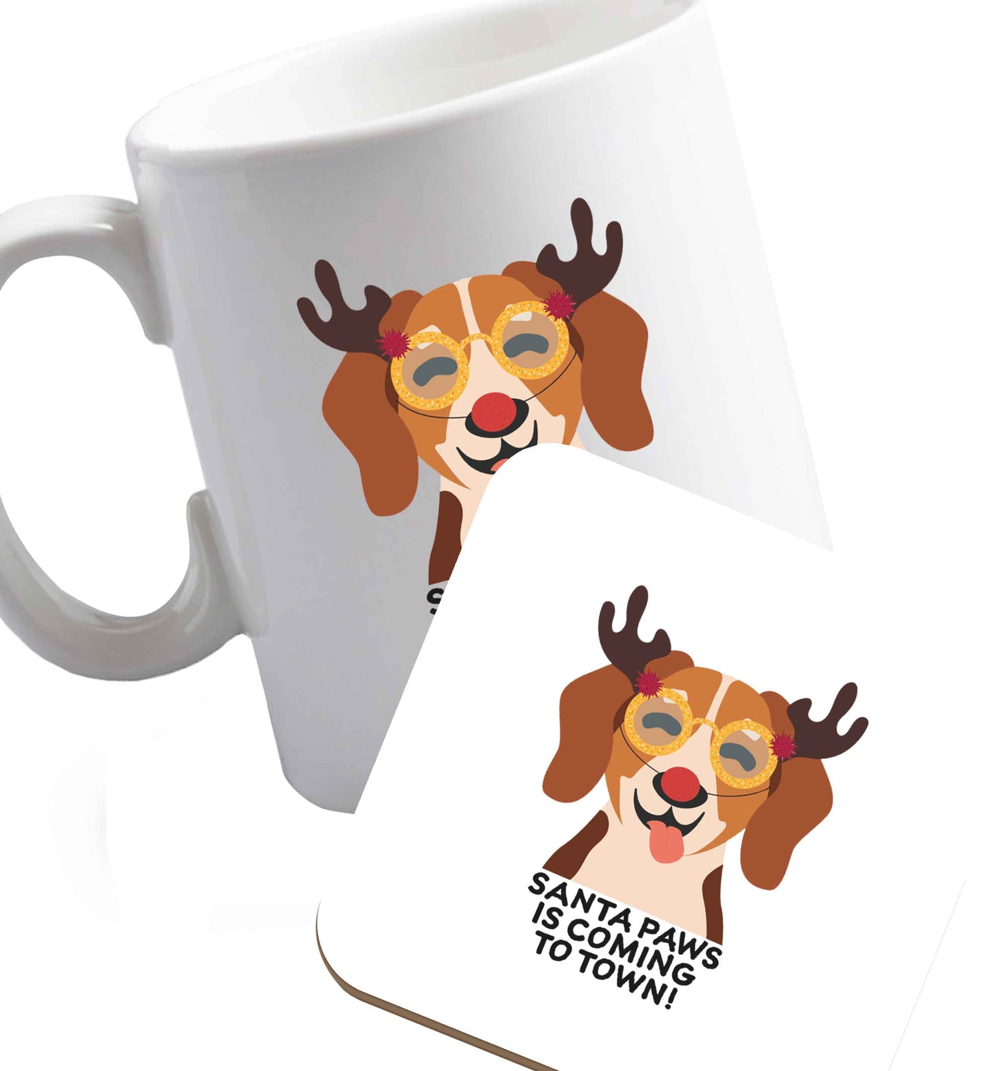 10 oz Santa paws is coming to town ceramic mug and coaster set right handed