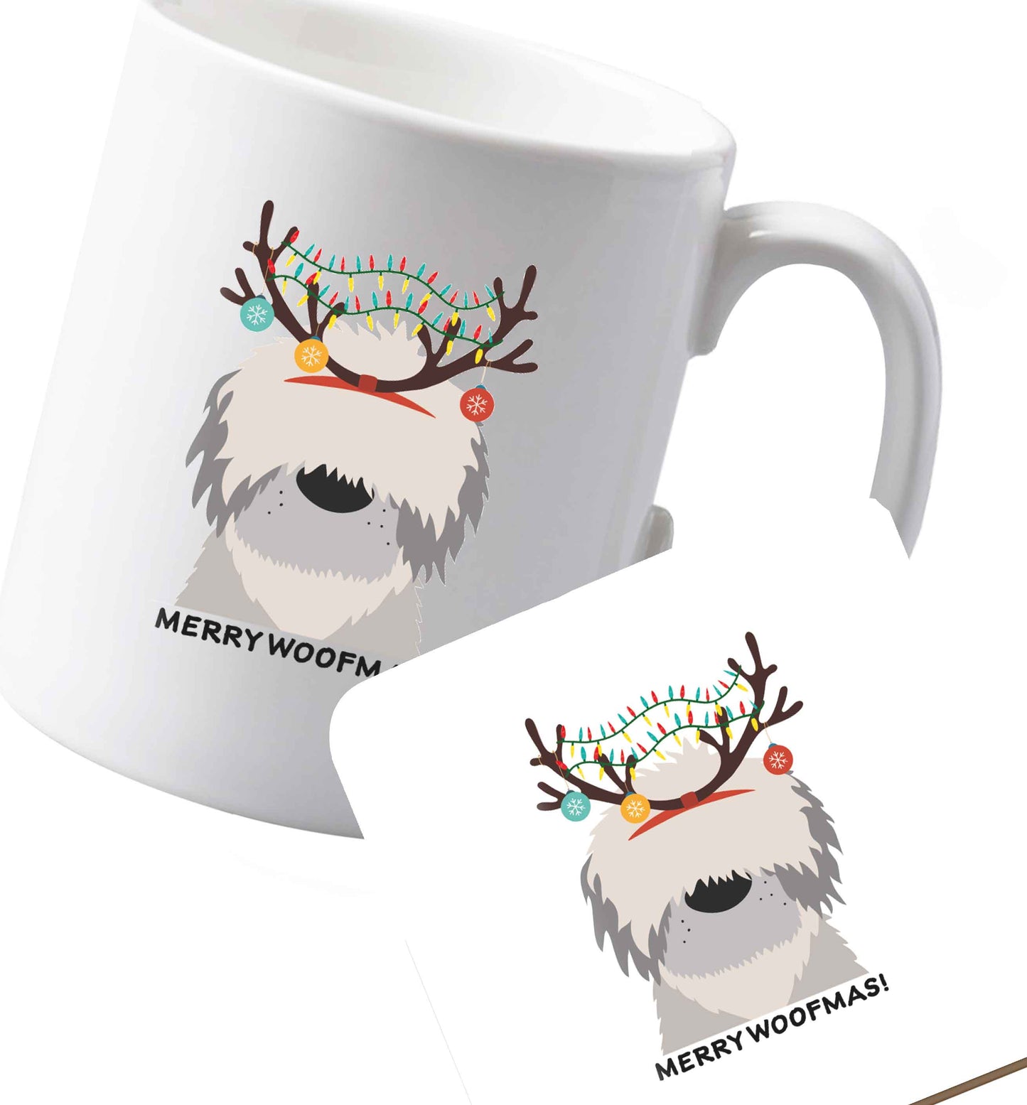 10 oz Ceramic mug and coaster Merry Woofmas! both sides