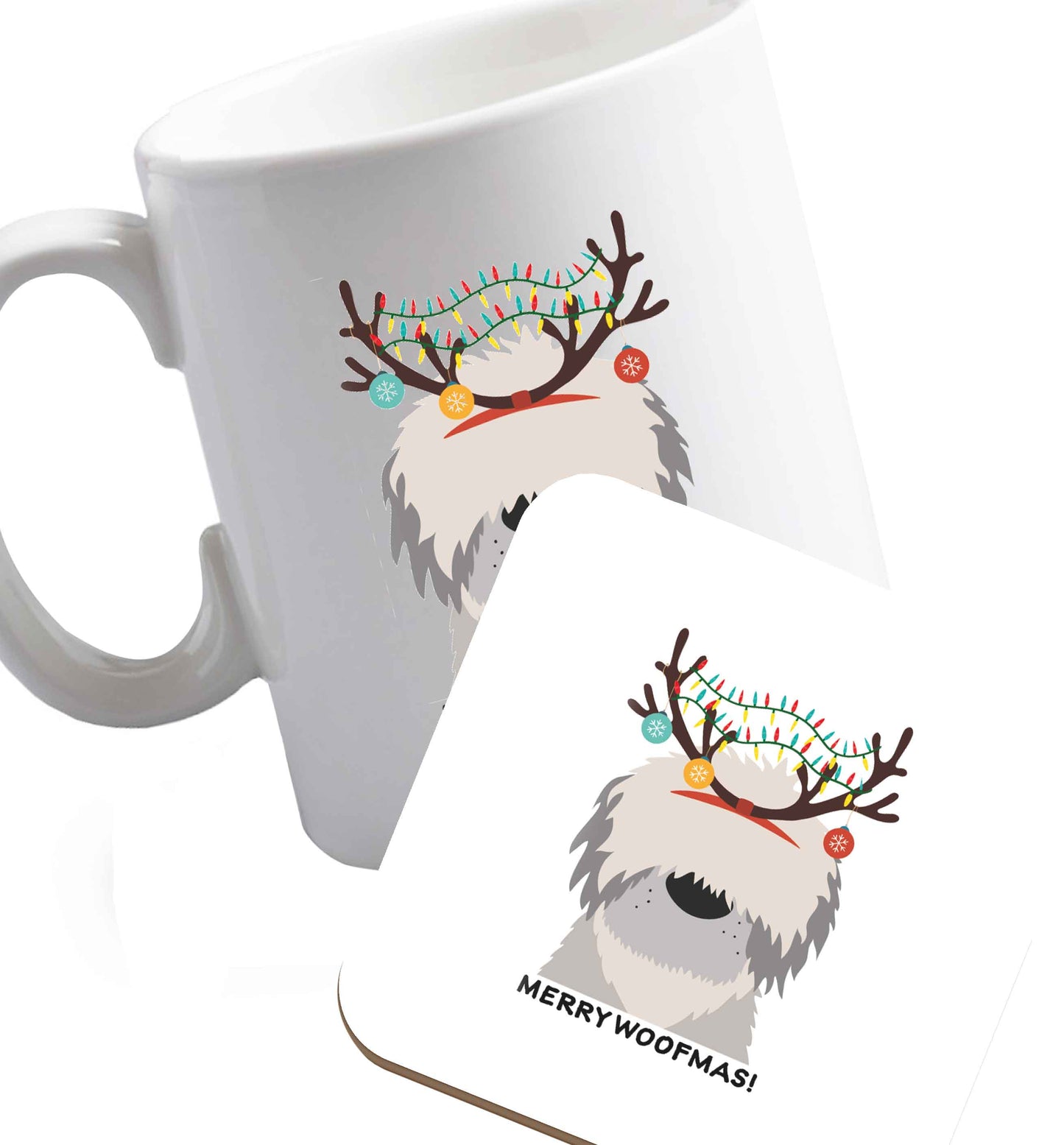10 oz Merry Woofmas! ceramic mug and coaster set right handed
