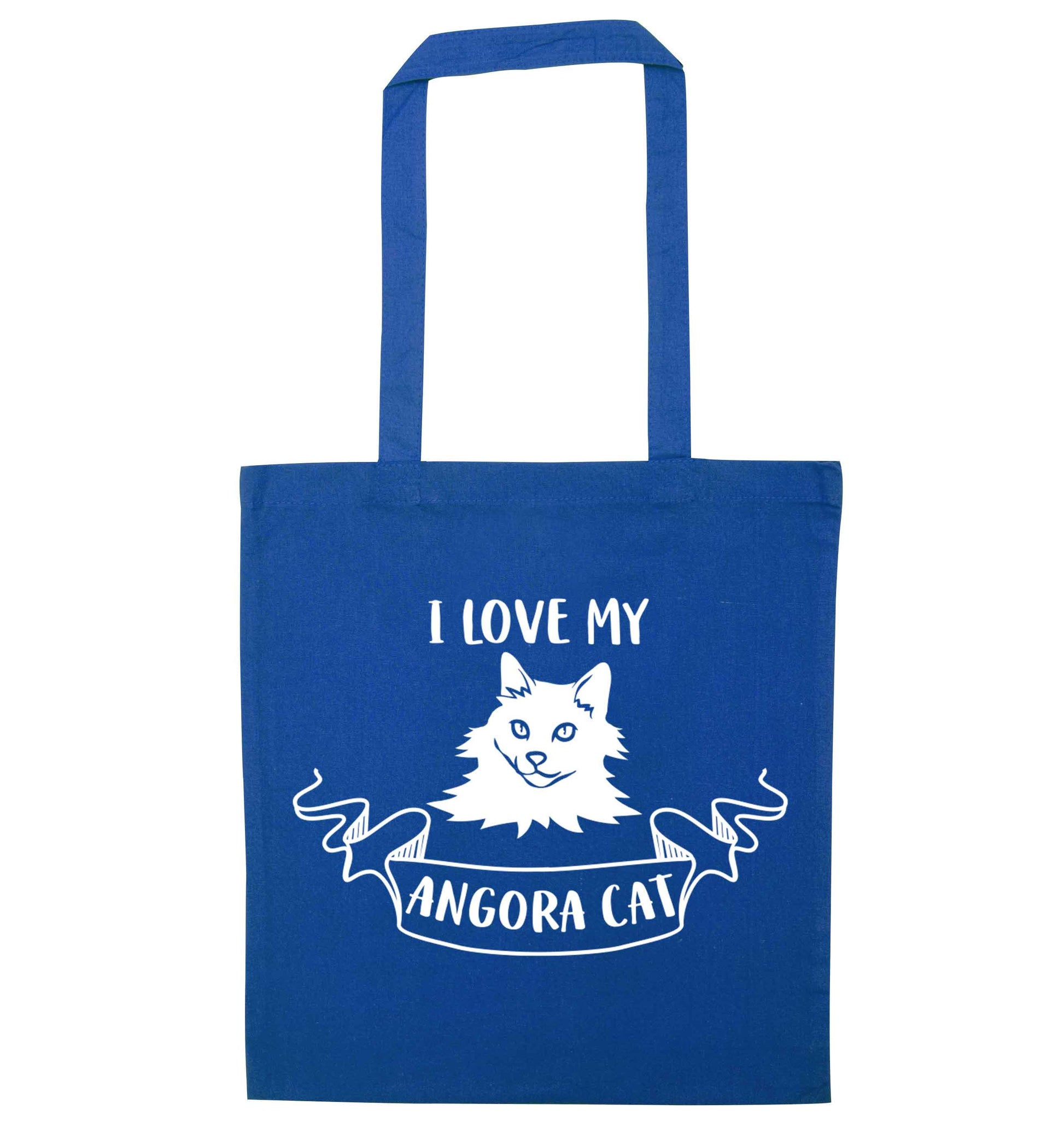 I love my angora cat blue tote bag