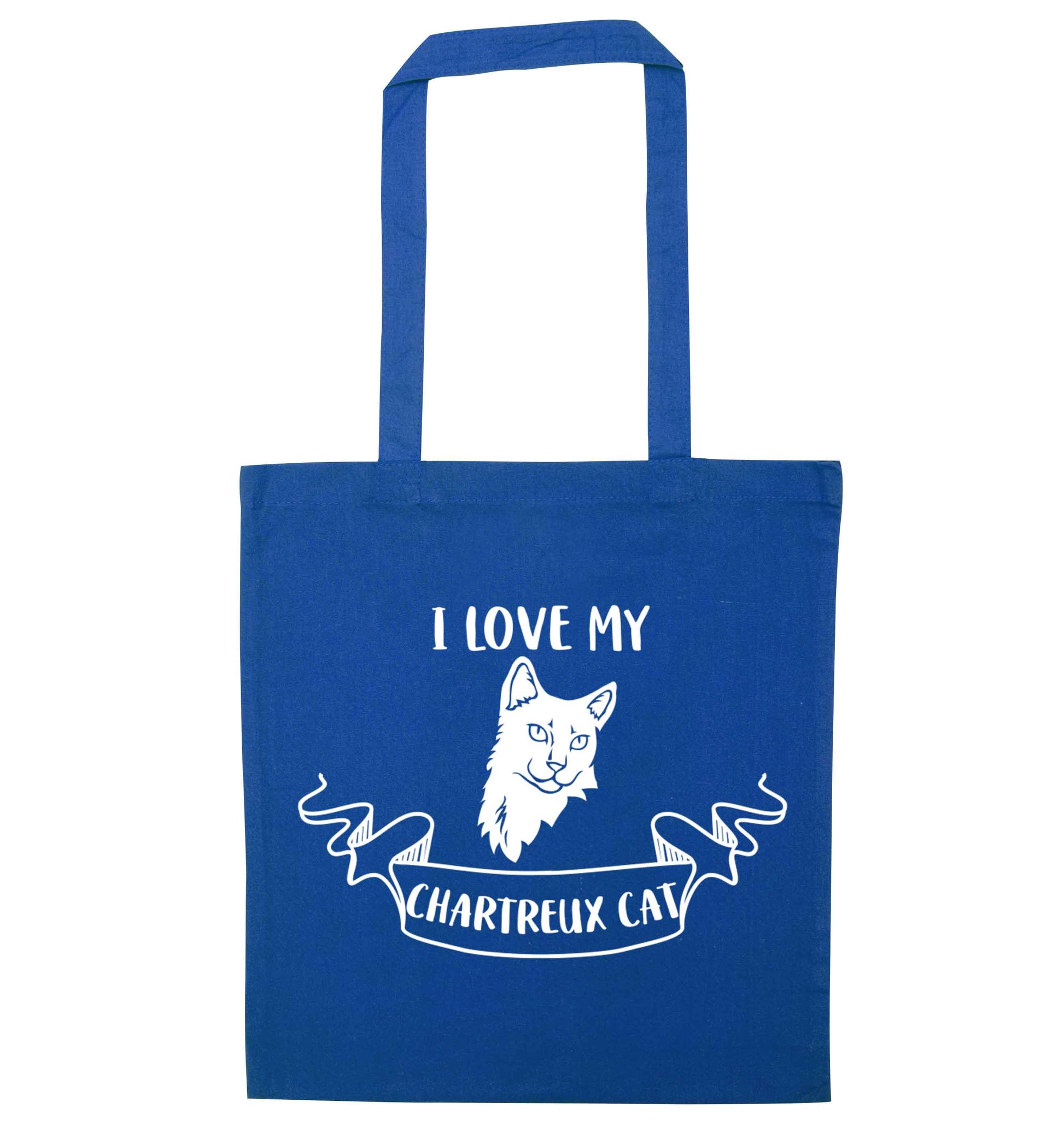 I love my chartreux cat blue tote bag