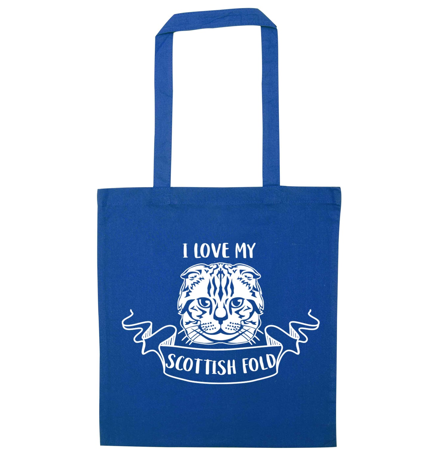 I love my scottish fold cat blue tote bag