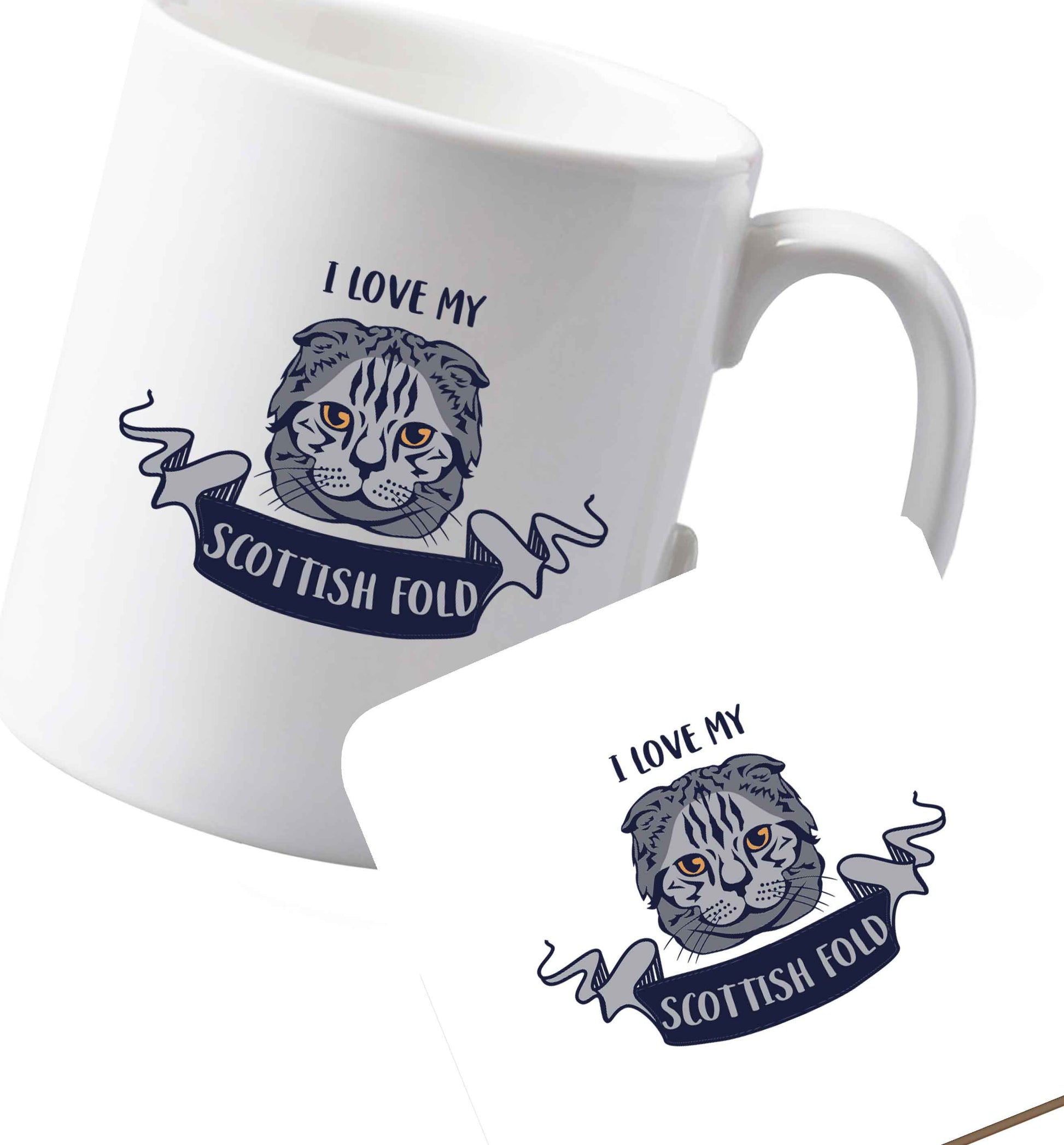 10 oz Ceramic mug and coaster I love my scottish fold cat both sides