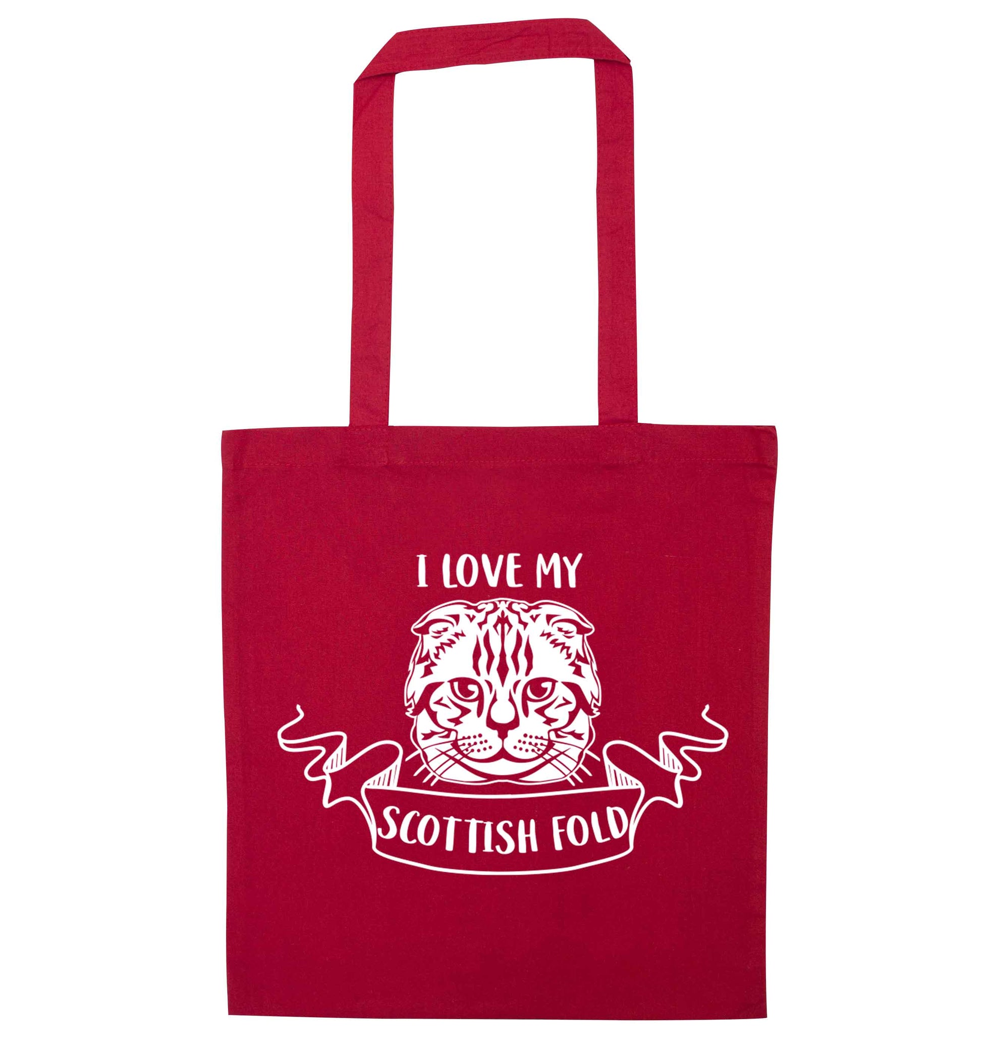 I love my scottish fold cat red tote bag