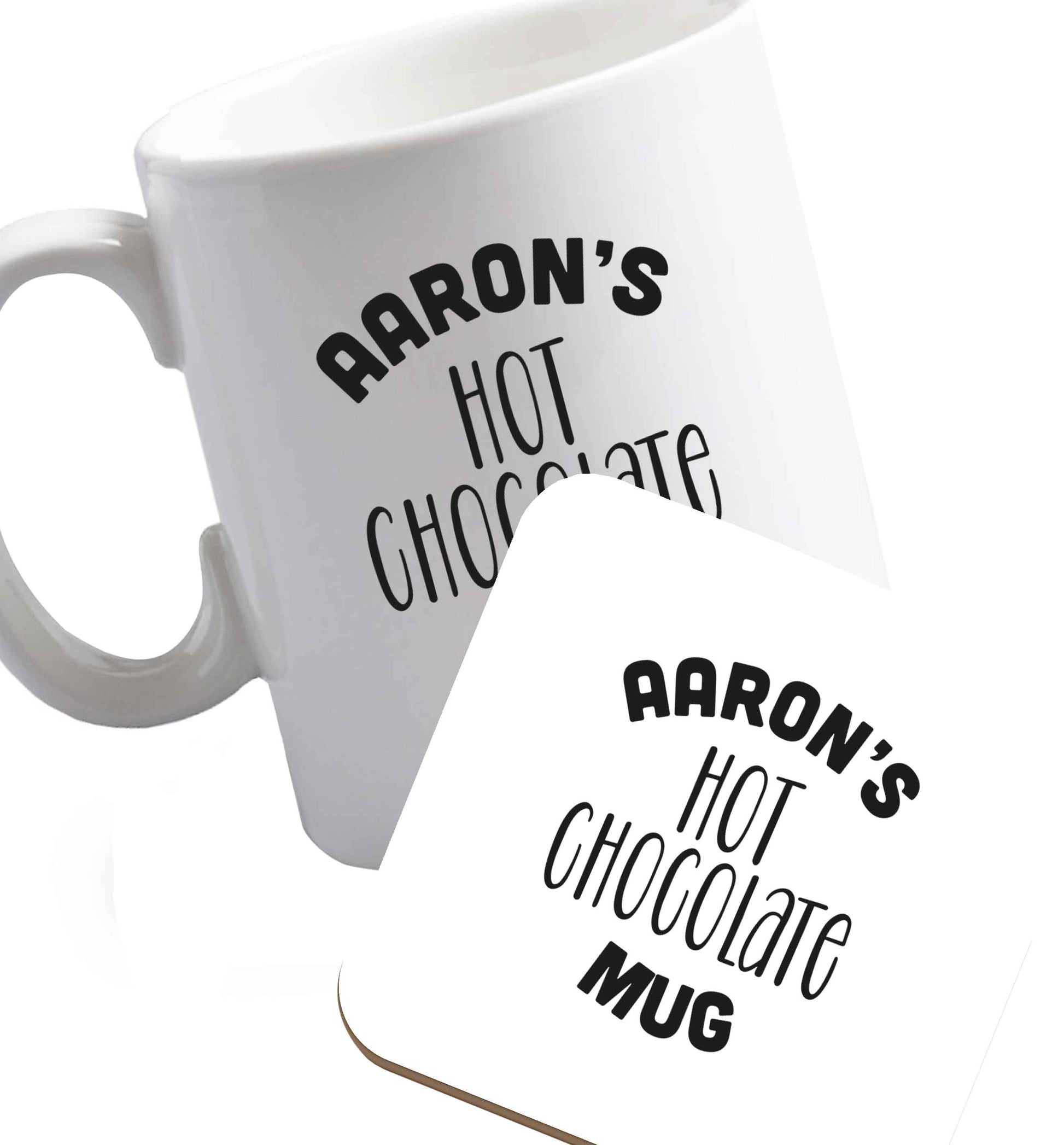 10 oz Personalised hot chocolate ceramic mug and coaster set right handed