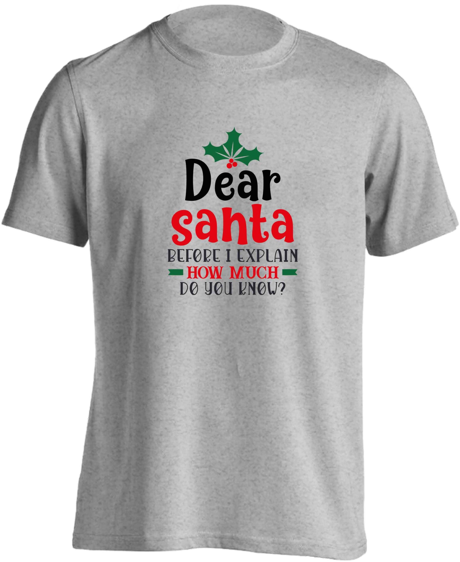 Santa before I explain how much do you know? adults unisex grey Tshirt 2XL