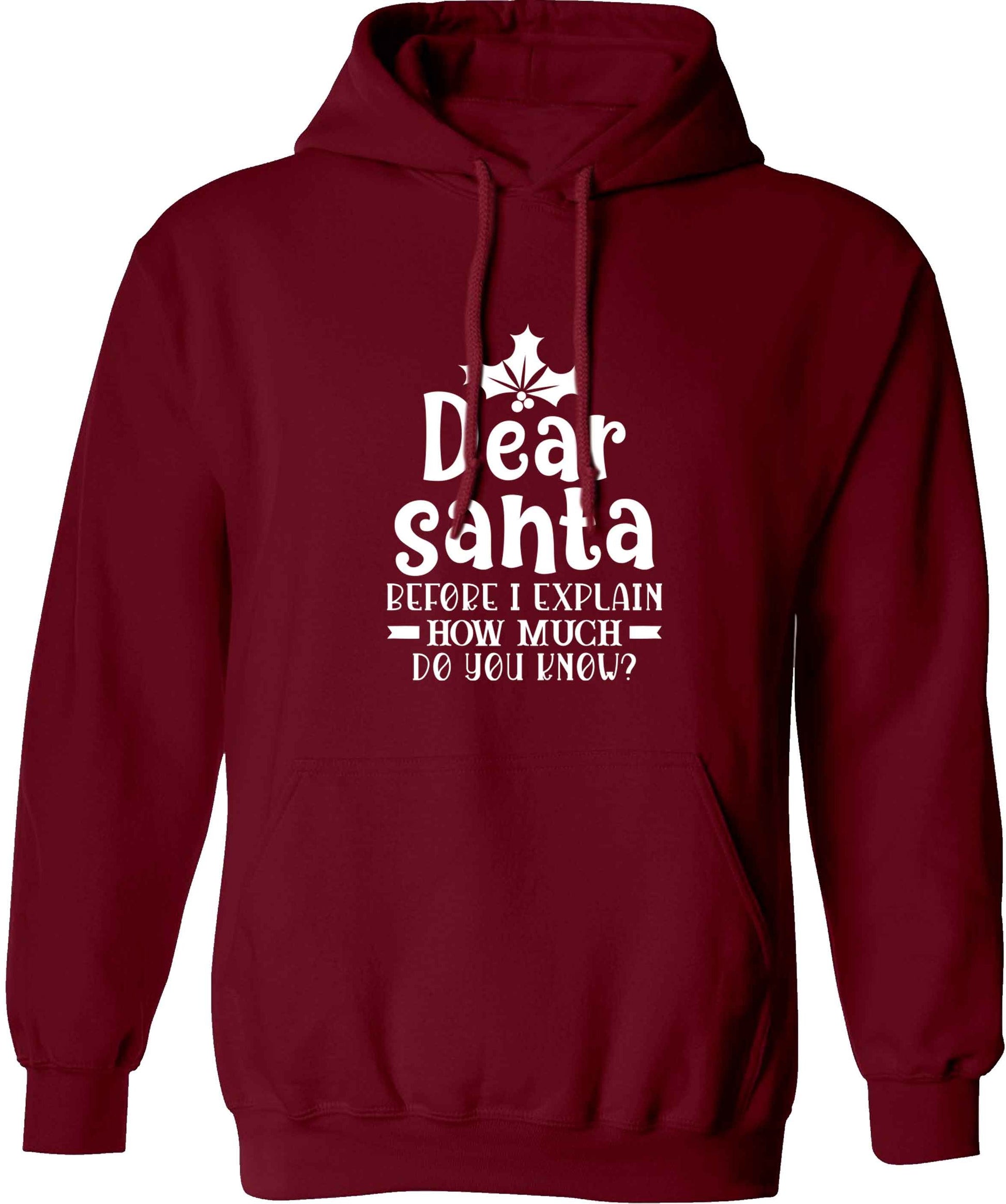 Santa before I explain how much do you know? adults unisex maroon hoodie 2XL