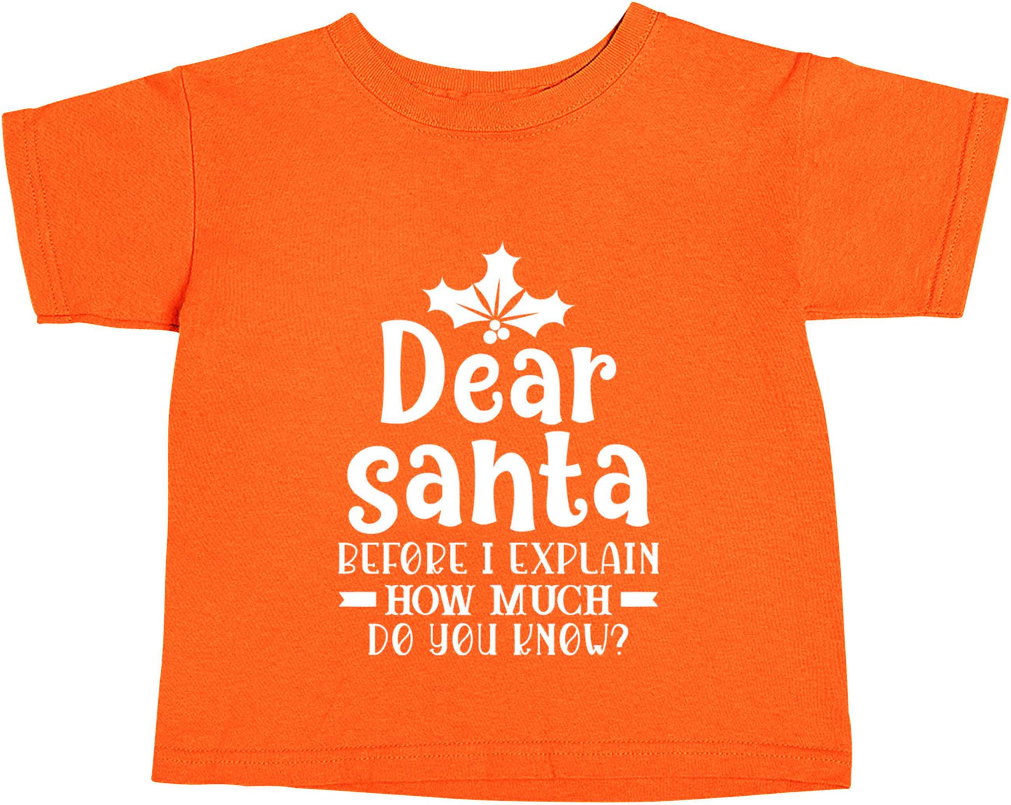 Santa before I explain how much do you know? orange baby toddler Tshirt 2 Years