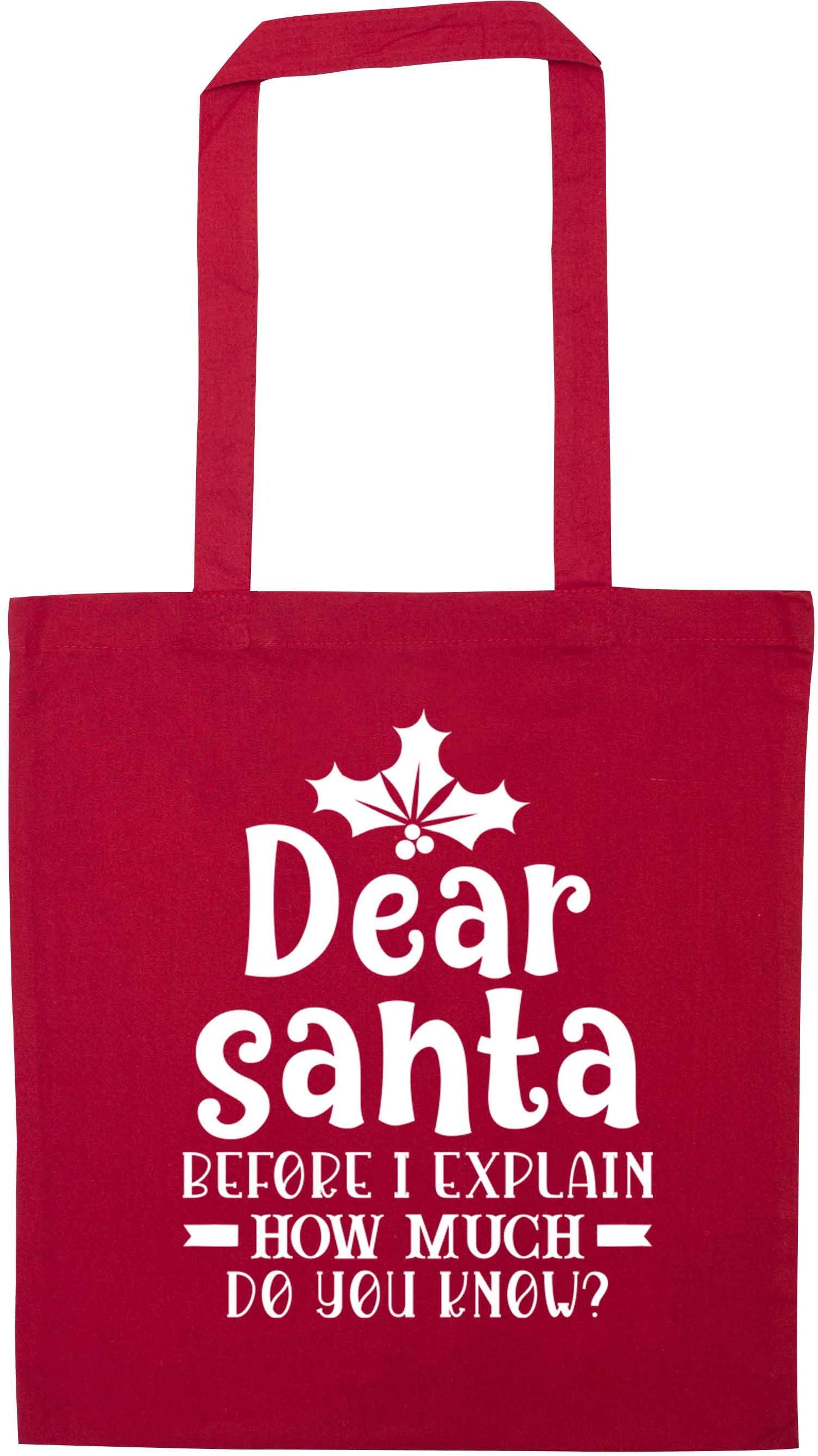 Santa before I explain how much do you know? red tote bag