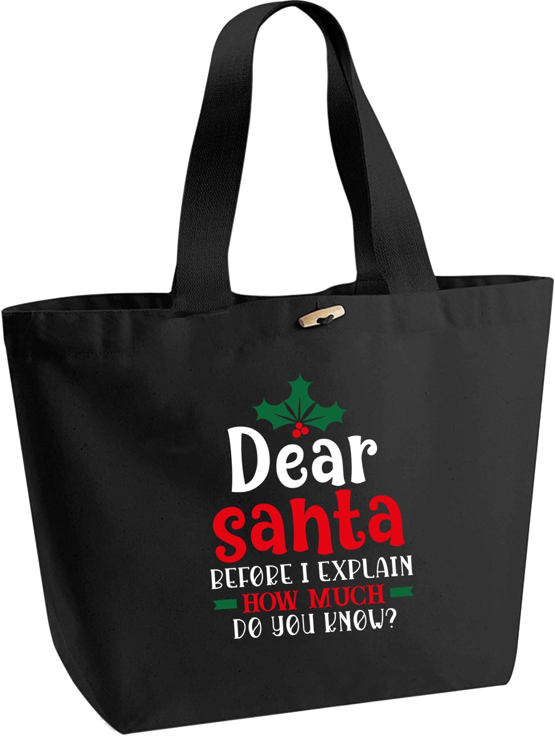 Santa before I explain how much do you know? organic cotton premium tote bag with wooden toggle in black