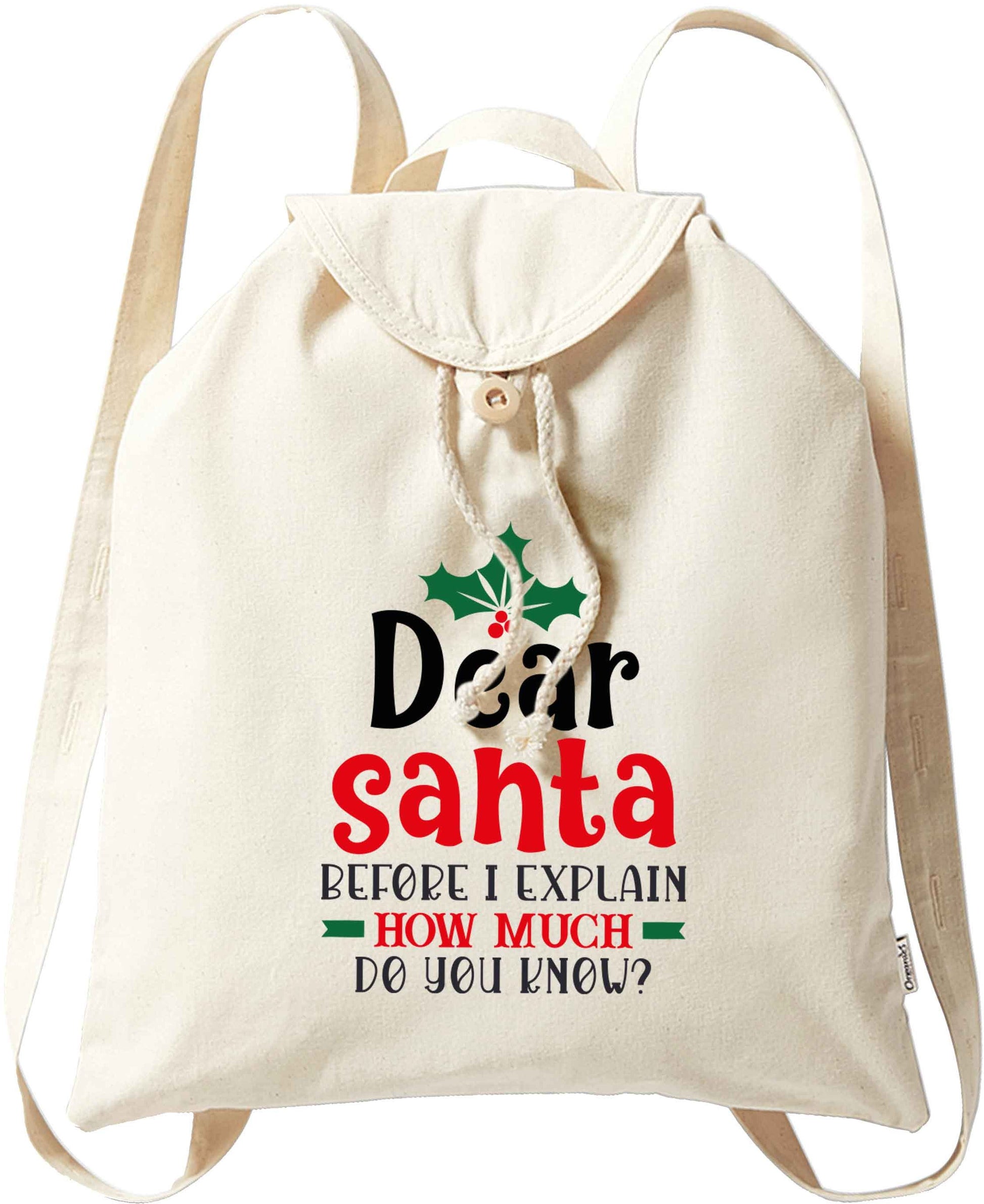 Santa before I explain how much do you know? organic cotton backpack tote with wooden buttons in natural