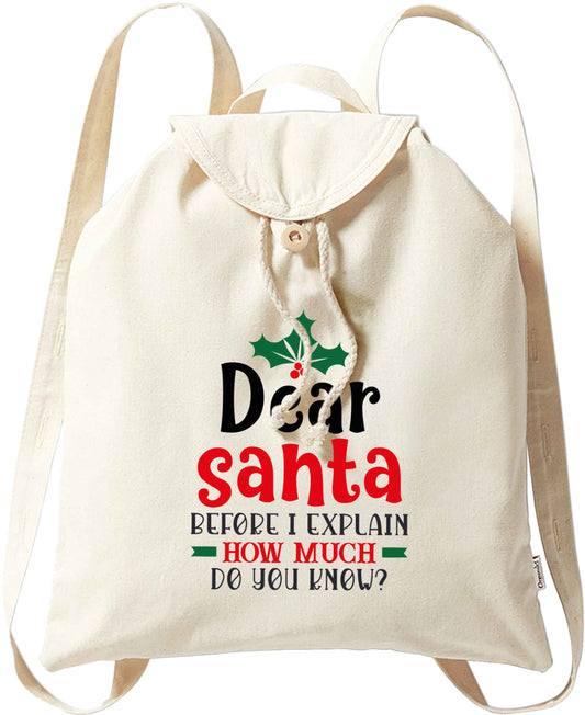 Santa before I explain how much do you know? organic cotton backpack tote with wooden buttons in natural