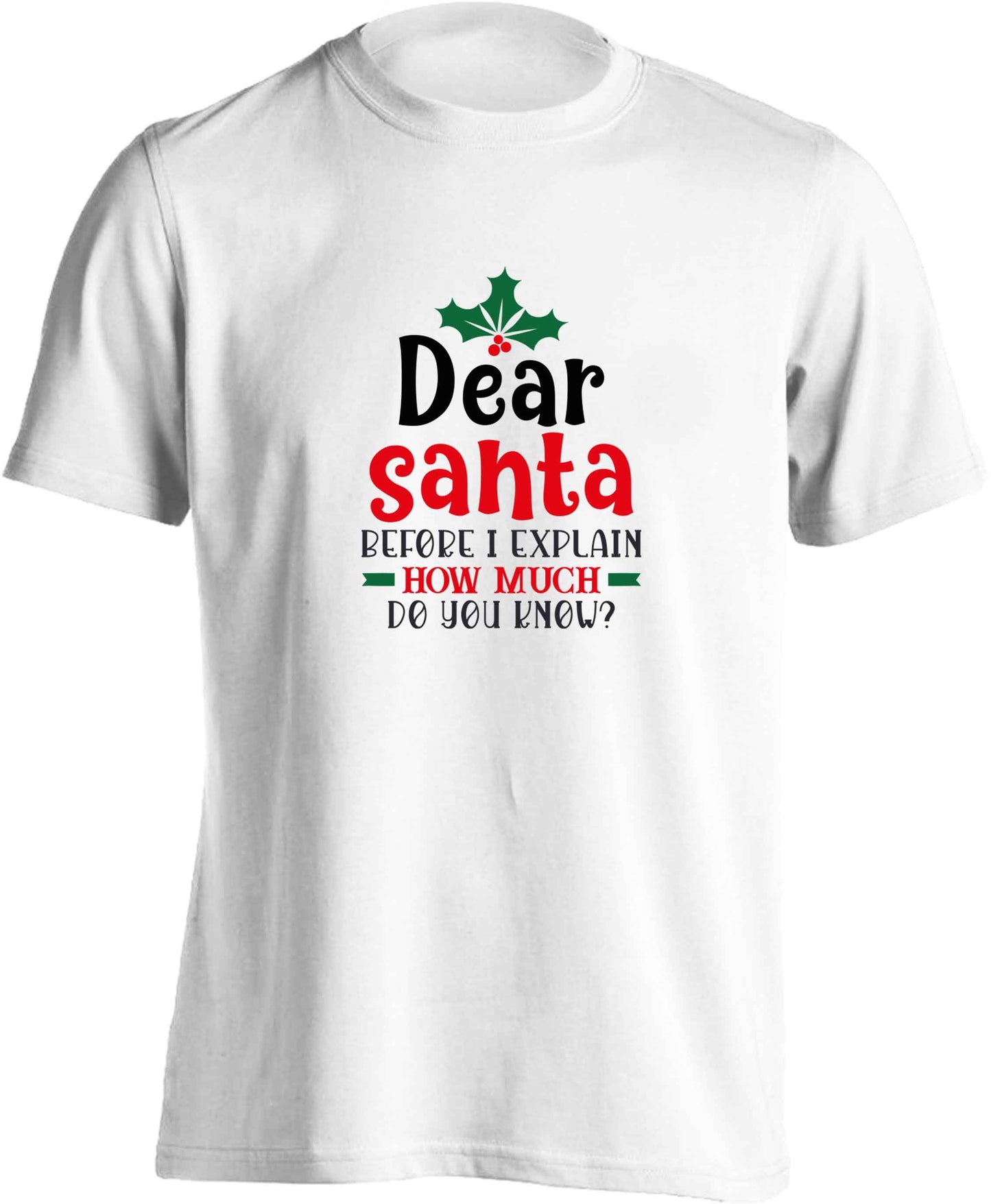 Santa before I explain how much do you know? adults unisex white Tshirt 2XL
