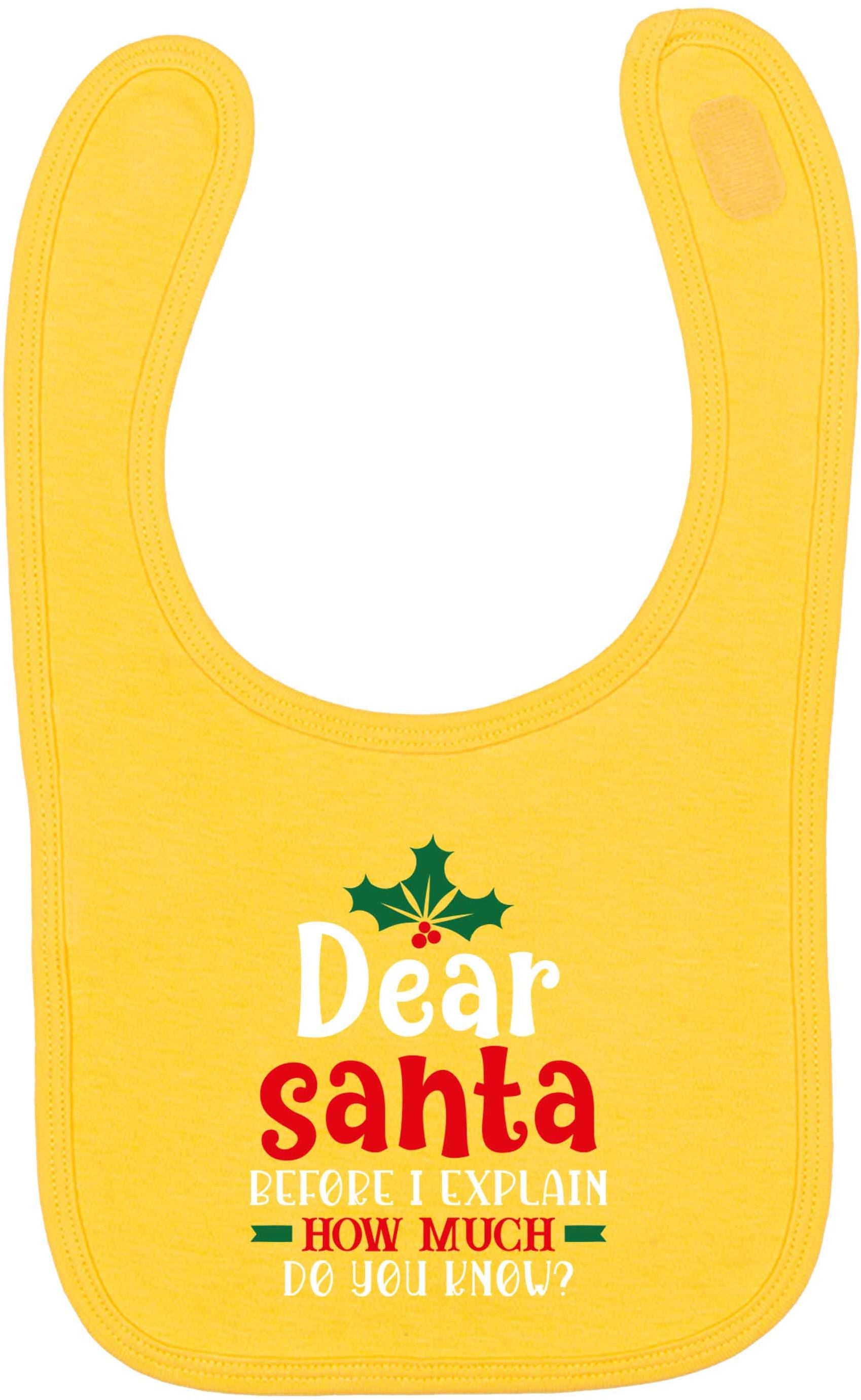 Santa before I explain how much do you know? yellow baby bib