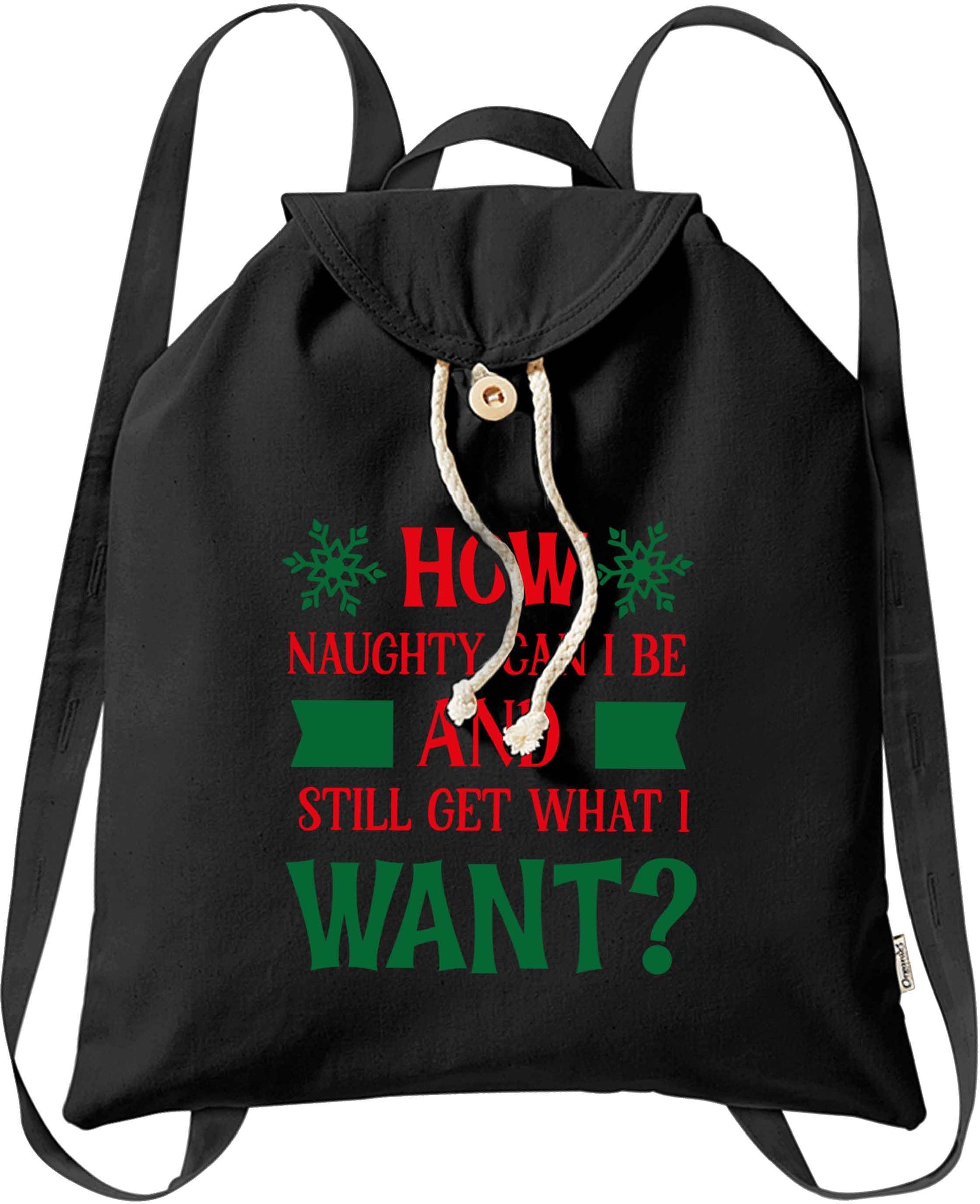 How naughty can I be and still get what I want? organic cotton backpack tote with wooden buttons in black