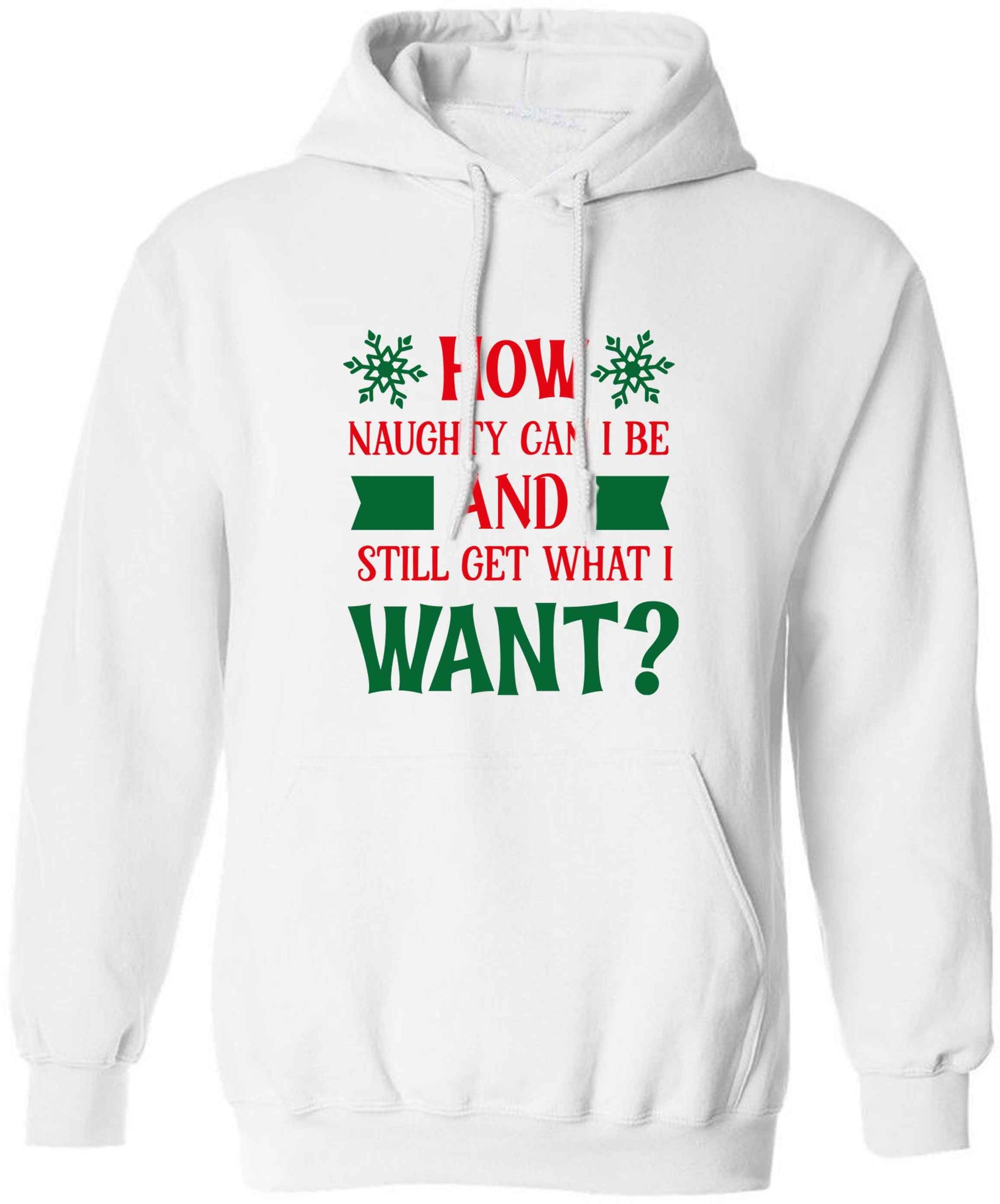 How naughty can I be and still get what I want? adults unisex white hoodie 2XL