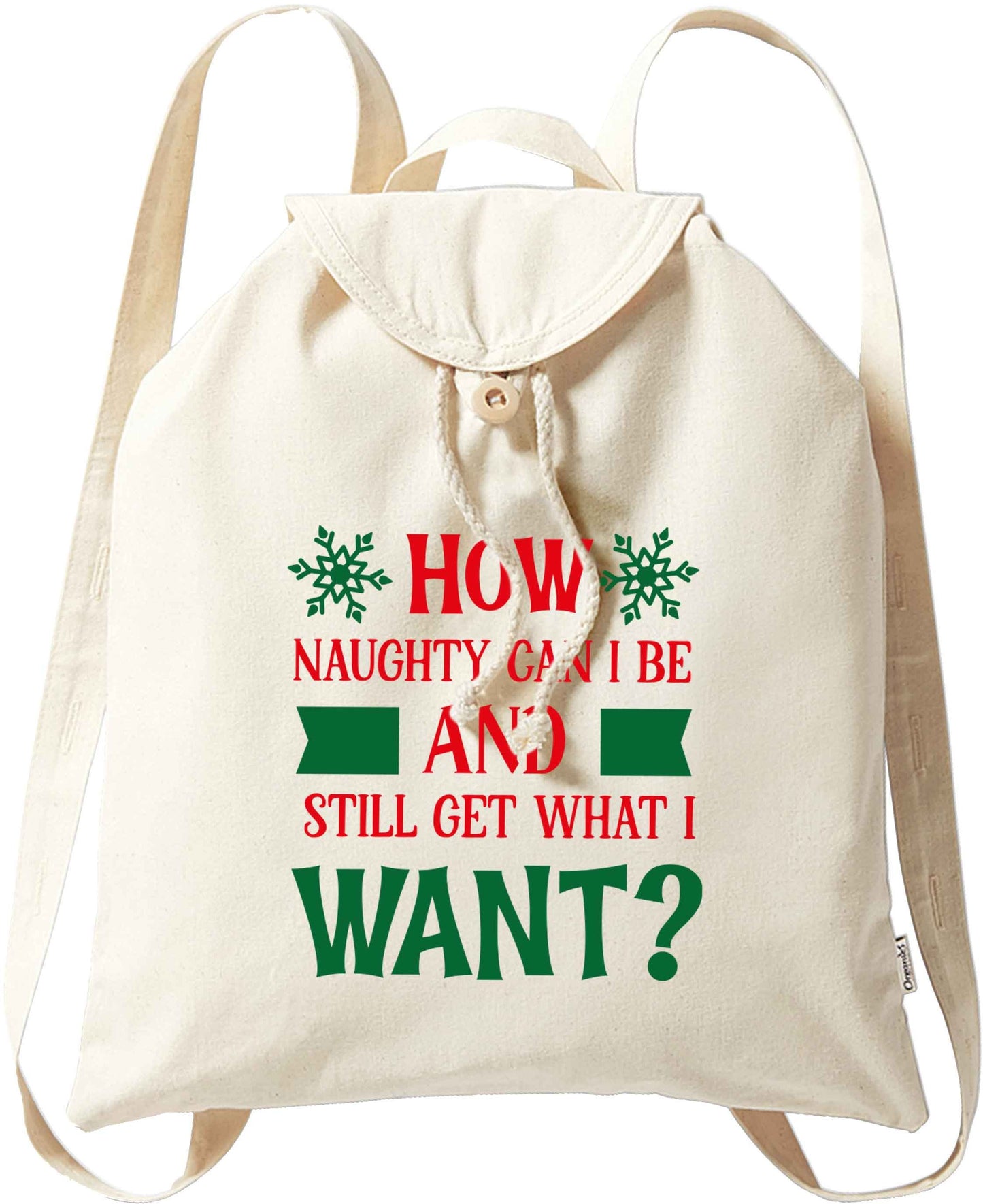 How naughty can I be and still get what I want? organic cotton backpack tote with wooden buttons in natural