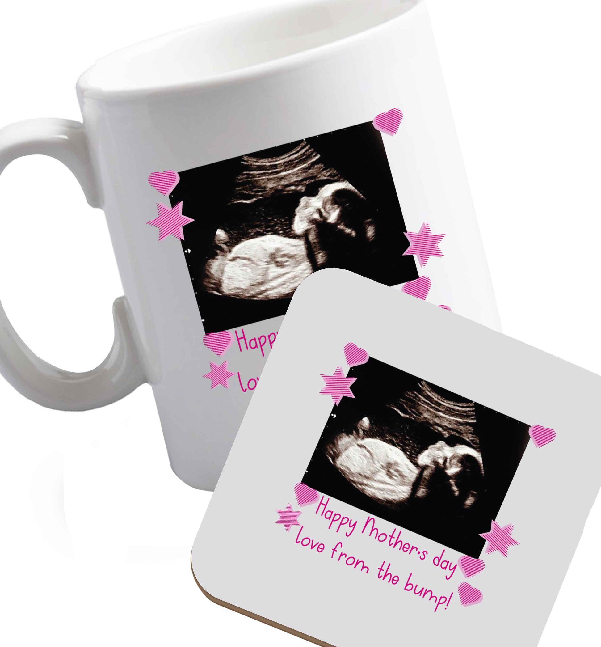 10 oz Happy Mother's day love from the bump - pink  ceramic mug and coaster set right handed