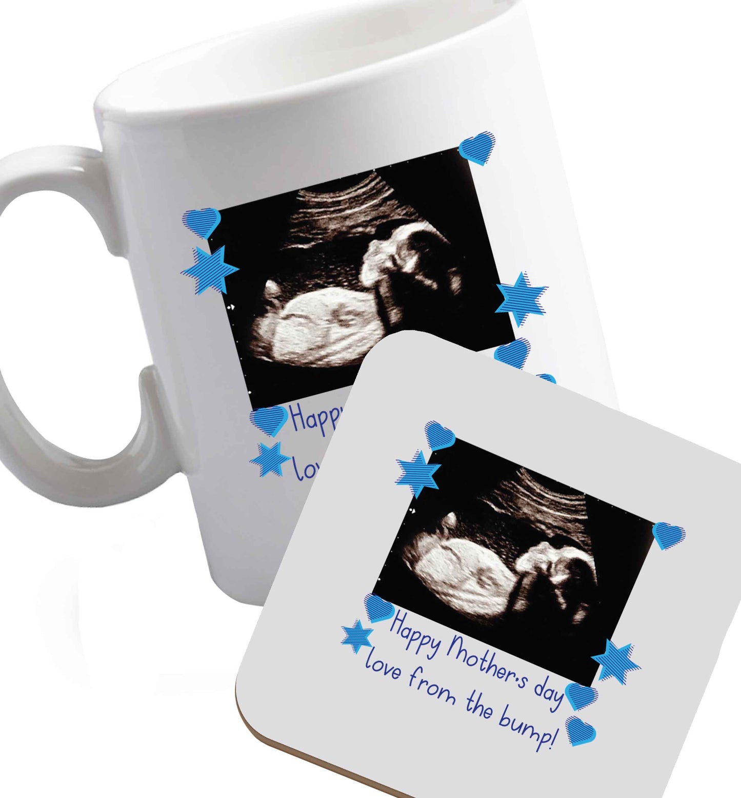 10 oz Happy Mother's day love from the bump - blue ceramic mug and coaster set right handed