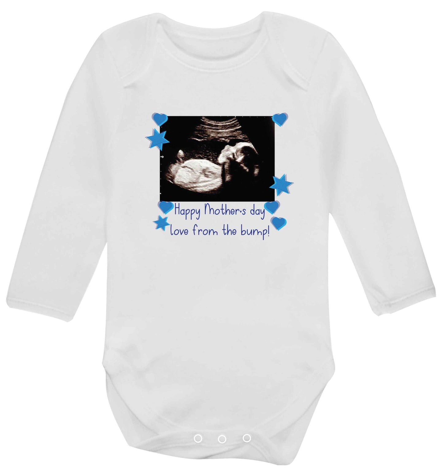 Happy Mother's day love from the bump - blue baby vest long sleeved white 6-12 months
