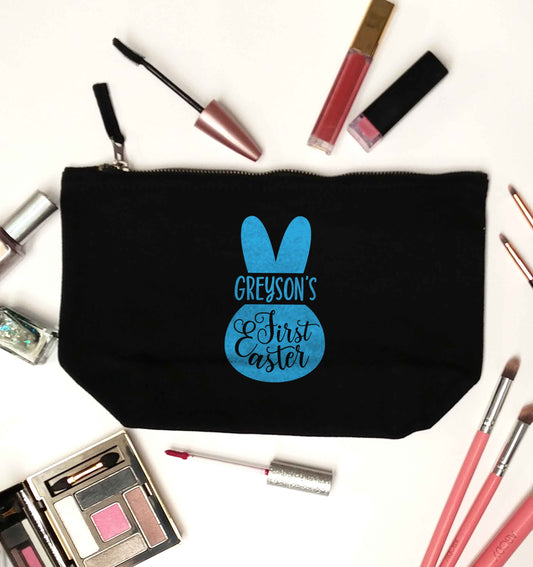 Personalised first Easter - blue bunny black makeup bag