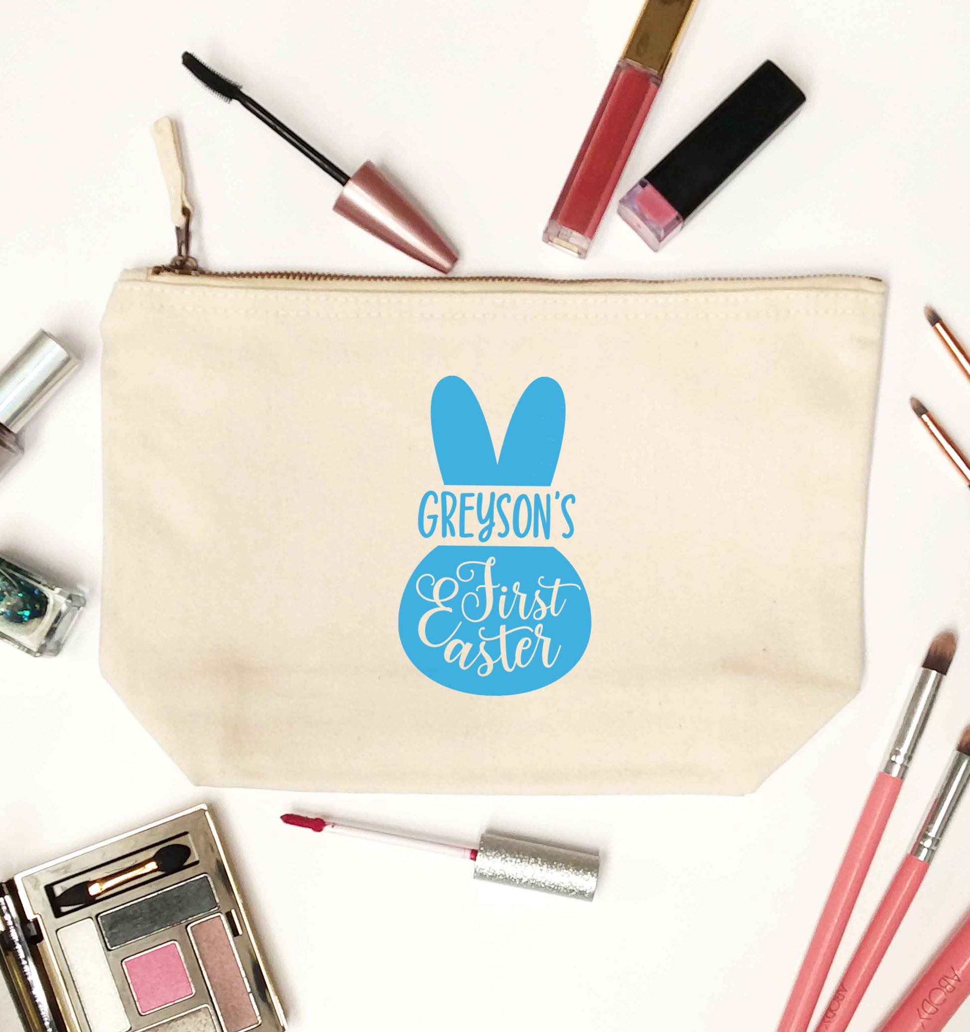 Personalised first Easter - blue bunny natural makeup bag