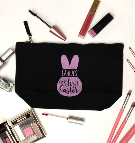 Personalised first Easter - pink bunny black makeup bag