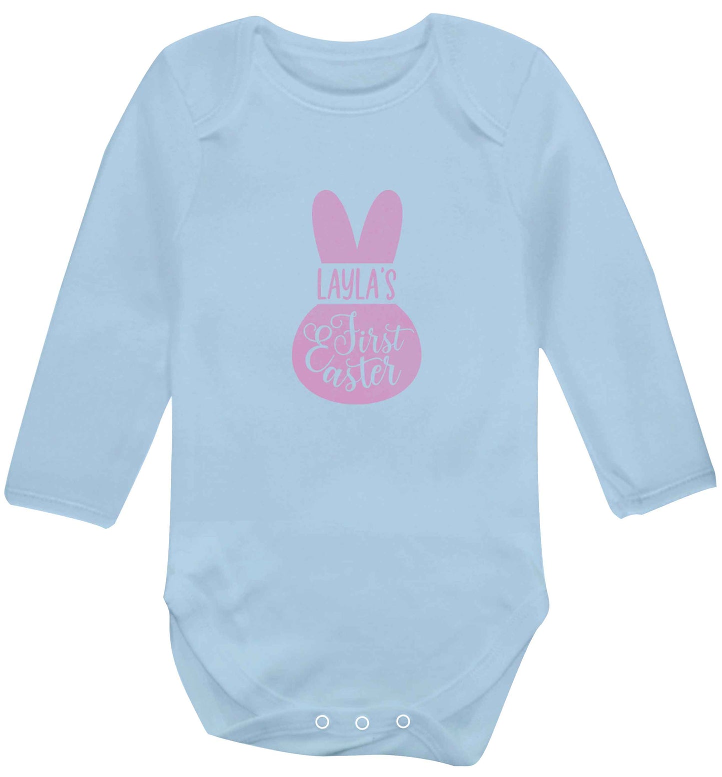 Personalised first Easter - pink bunny baby vest long sleeved pale blue 6-12 months