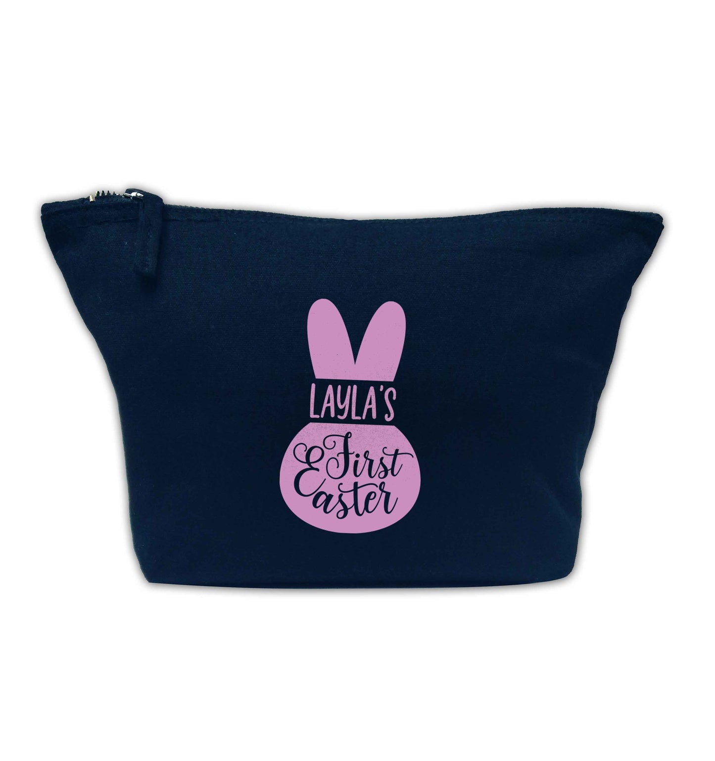 Personalised first Easter - pink bunny navy makeup bag