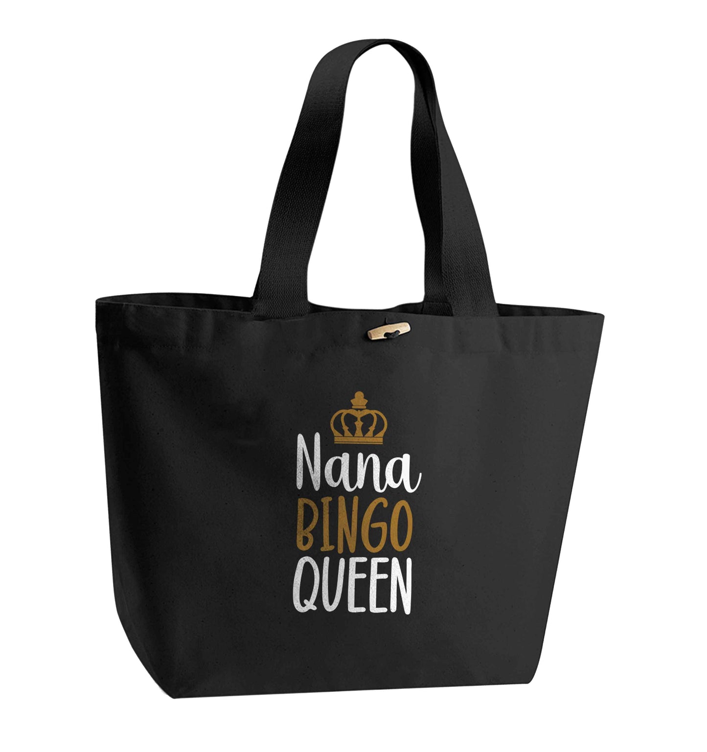 Personalised bingo queen organic cotton premium tote bag with wooden toggle in black