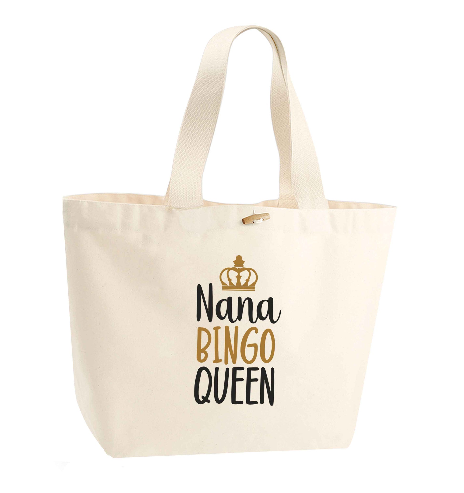 Personalised bingo queen organic cotton premium tote bag with wooden toggle in natural